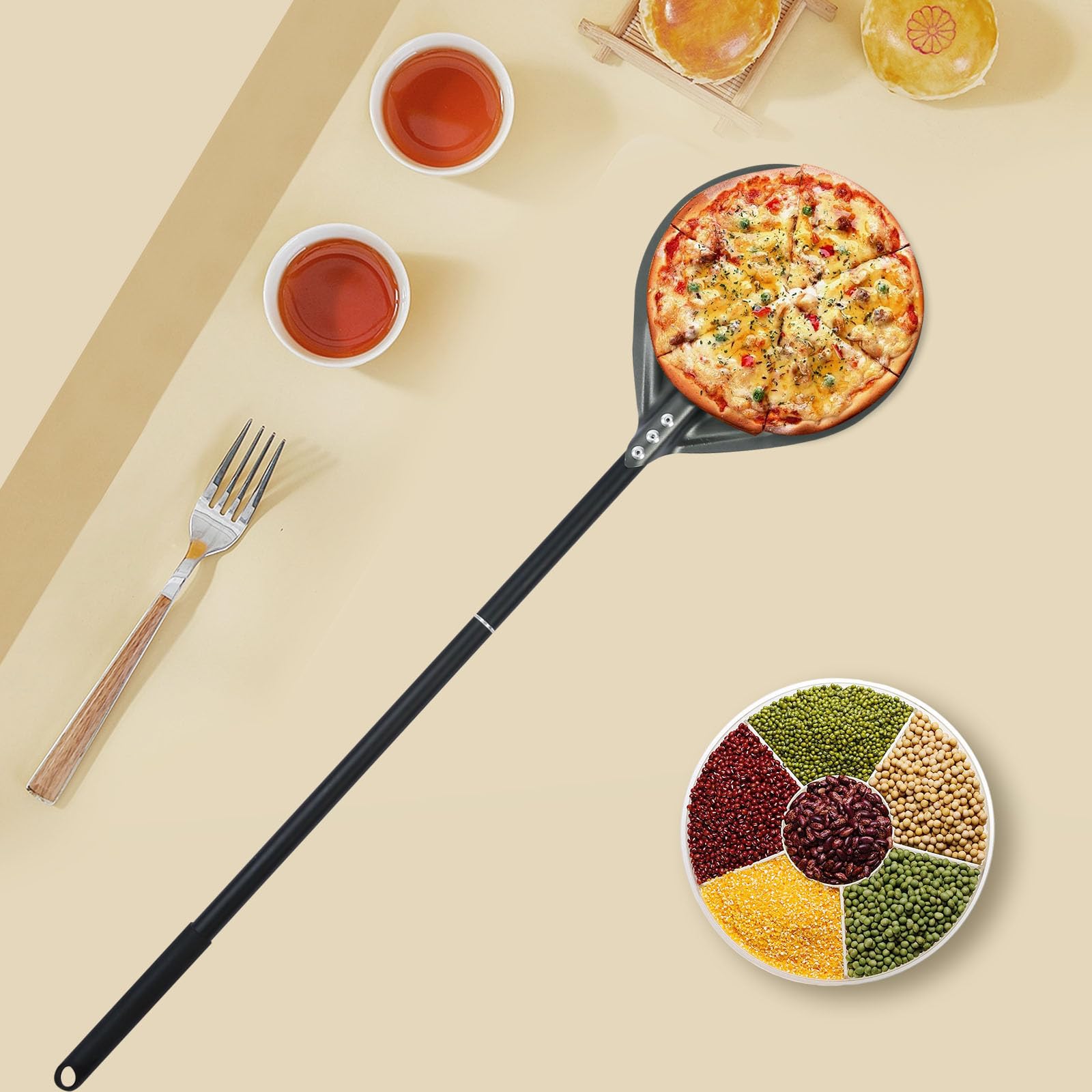 Espátula perforada para pizza de 6 pulgadas, mango largo, espátula de metal para pizza para interiores y exteriores (paquete de 6 pulgadas)