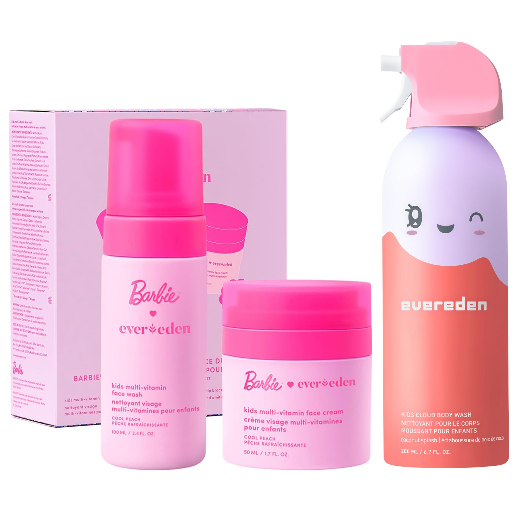 Evereden Happy Face DUO Barbie Edition Cloud Body Wash Coconut Splash Set Multi-Vitamin Kids Face Wash Cream Fun