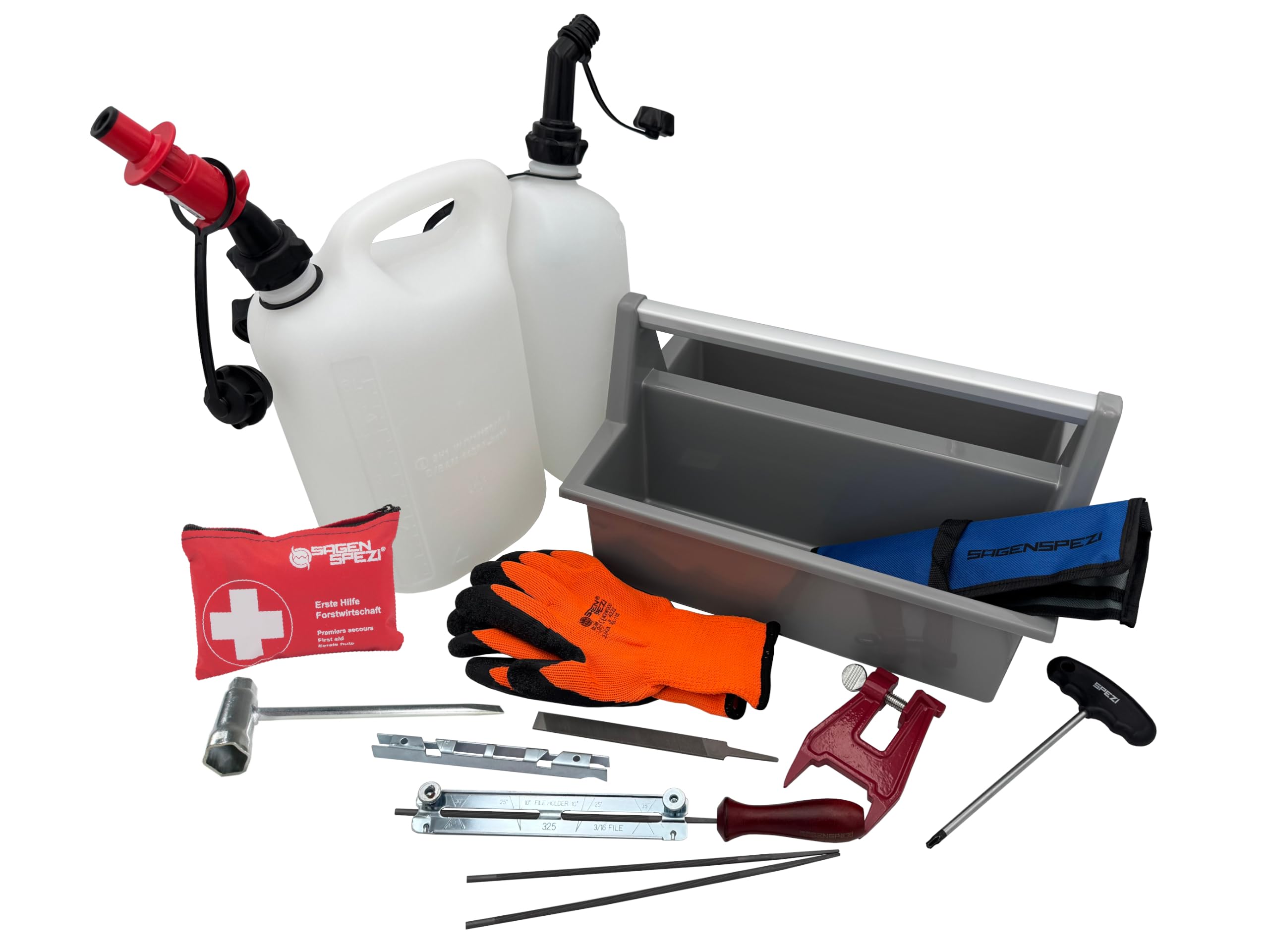SÄGENSPEZI Forst Starter-Set – Motorsägen Zubehör-Set mit Feilbock, Doppelkanister, Feilenset, Werkzeug, Handschuhen & 1. Hilfe – Brennholz & Forstarbeit Komplett-Set