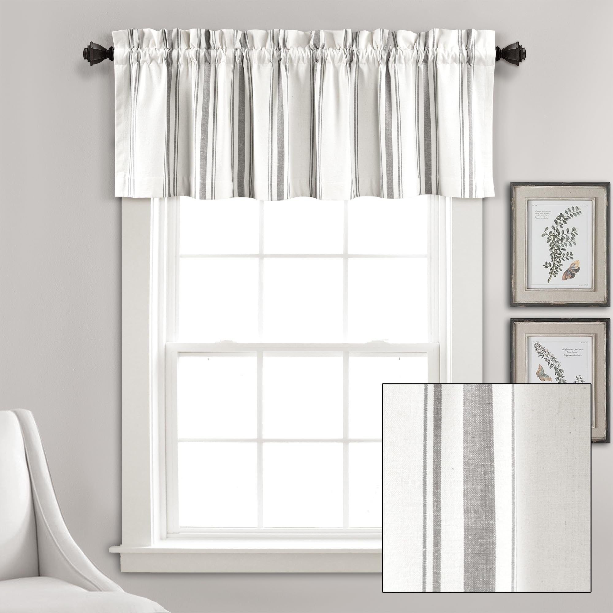 Lush Decor Farmhouse Stripe Yarn Dyed Recycled Cotton Window Curtain Valance, 18" L x 52" W, Gray - Classic Modern Rustic Charm - Eco Friendly Cotton Fabric