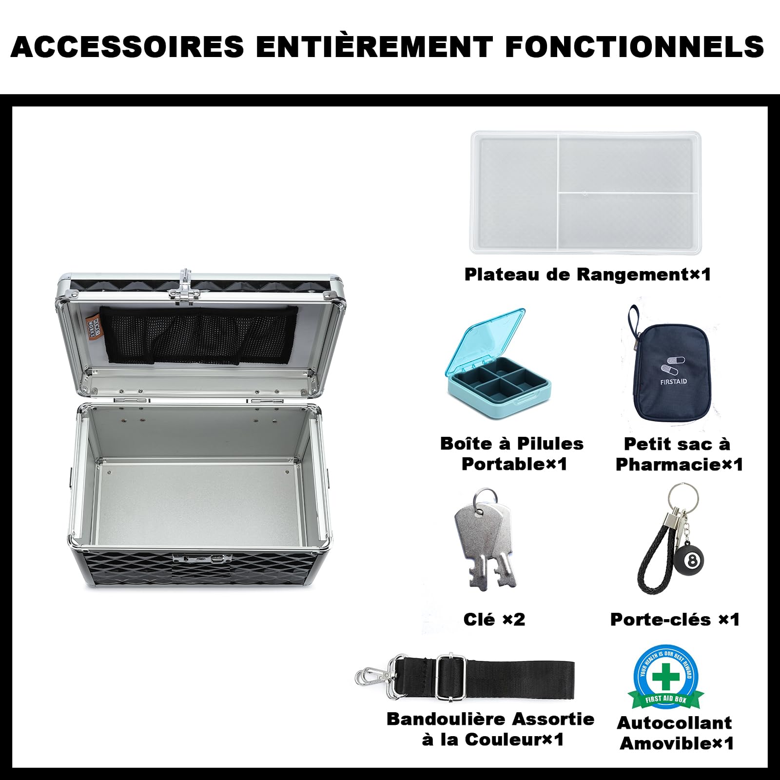Boîte de stockage de médicaments verrouillable, boîte de premiers secours vide, boîte de sécurité, boîte verrouillable multi-usages pour la maison et les activités extérieures (Black, Medium)