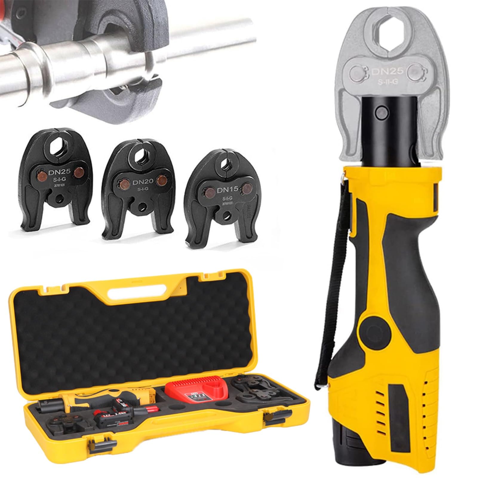 HCZKIUJY Hydraulic Pipe Crimping Tool, Electric Rechargeable with 2 Batteries and 3 Dies for Plumbing Pipe Fitting Installation (1 Series)