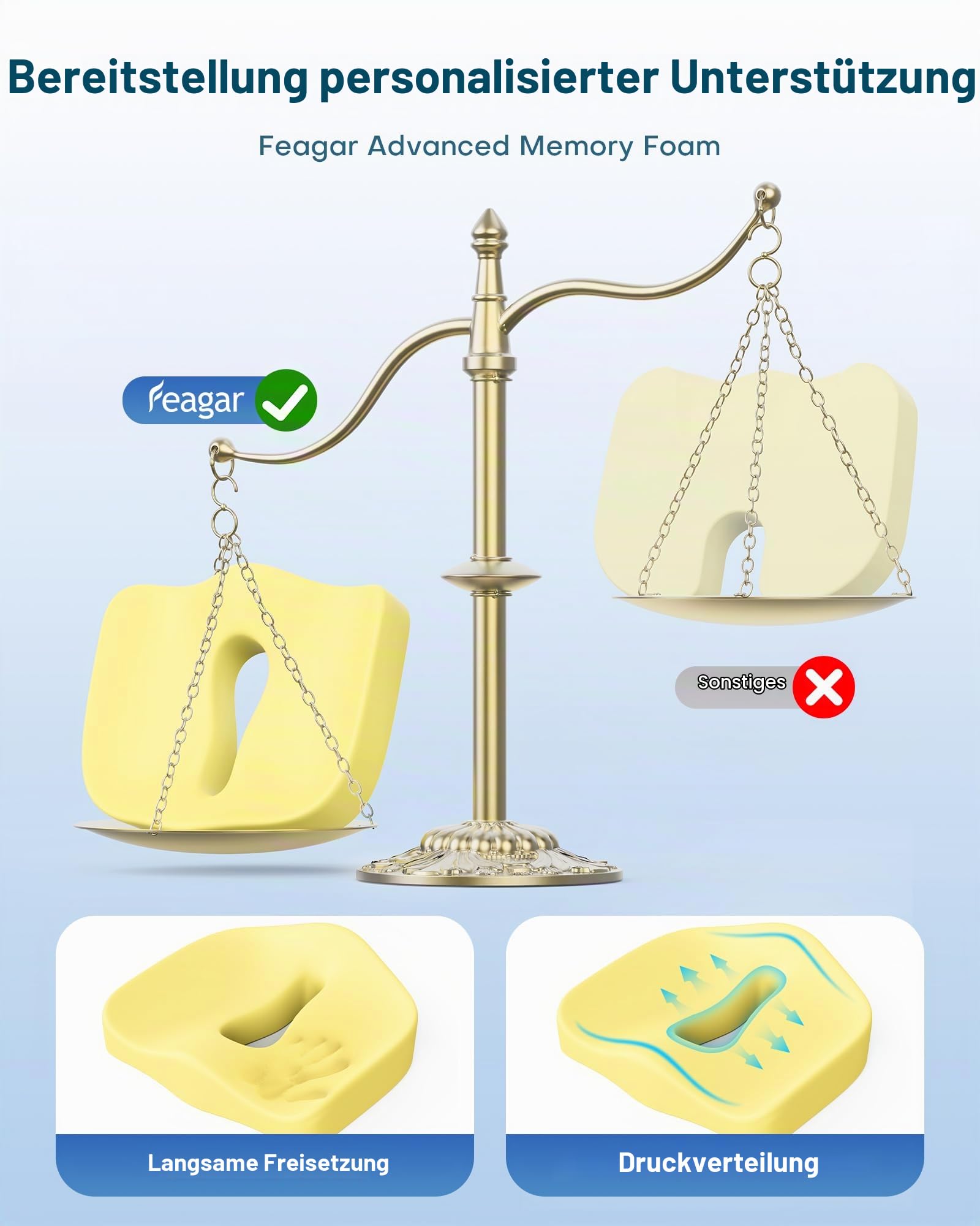 Feagar Sitzkissen In Extra Größe Aus Memory Foam Für Bürostuhl & Auto 1er | Orthopädisches Steißbeinkissen Für Lange Sitzzeiten, Atmungsaktiver Netzbezug, Schwarz, Druckentlastung Für Home Office