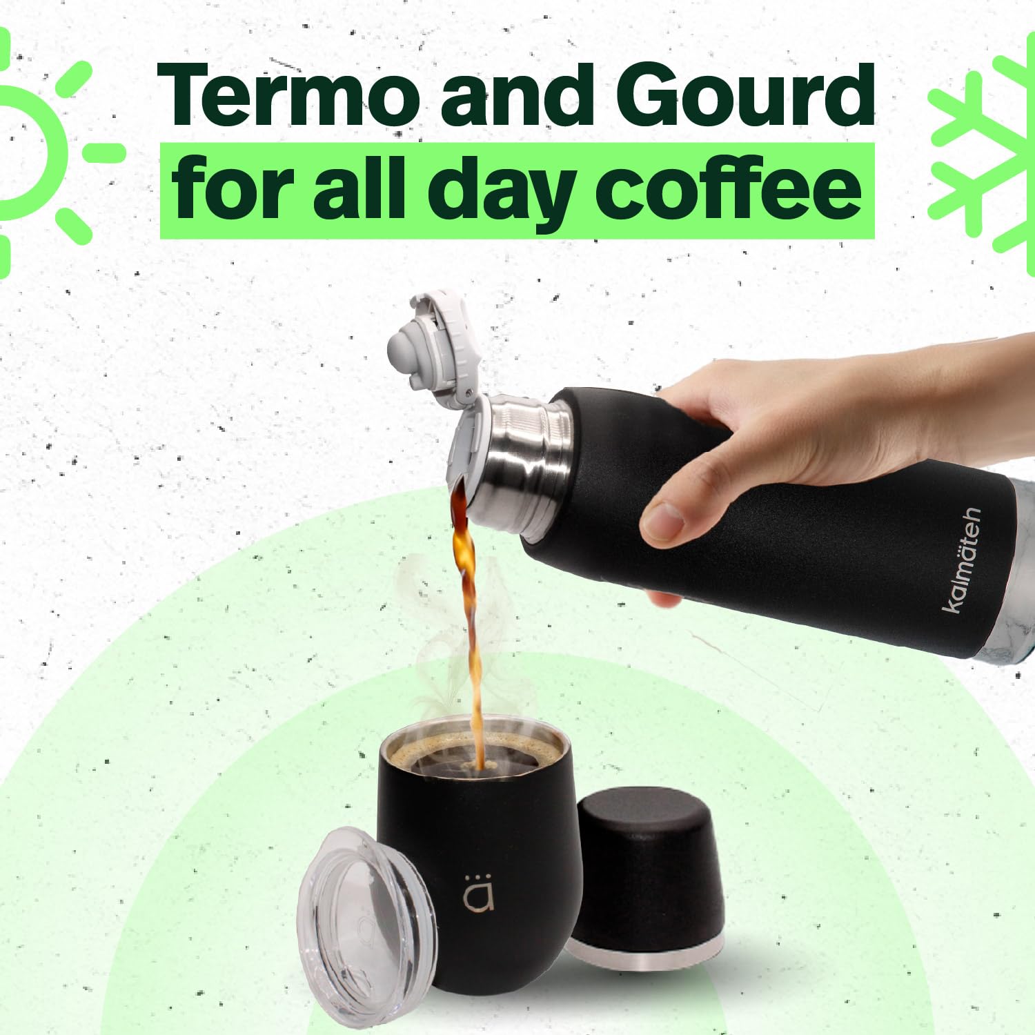 Kalmateh [NOWOŚĆ] Termos ze stali nierdzewnej z podwójnymi ściankami (760 ml) precyzyjne odlewanie i zatrzymywanie ciepła - do Yerba Mate, kawy, herbaty, kempingu (czarny)