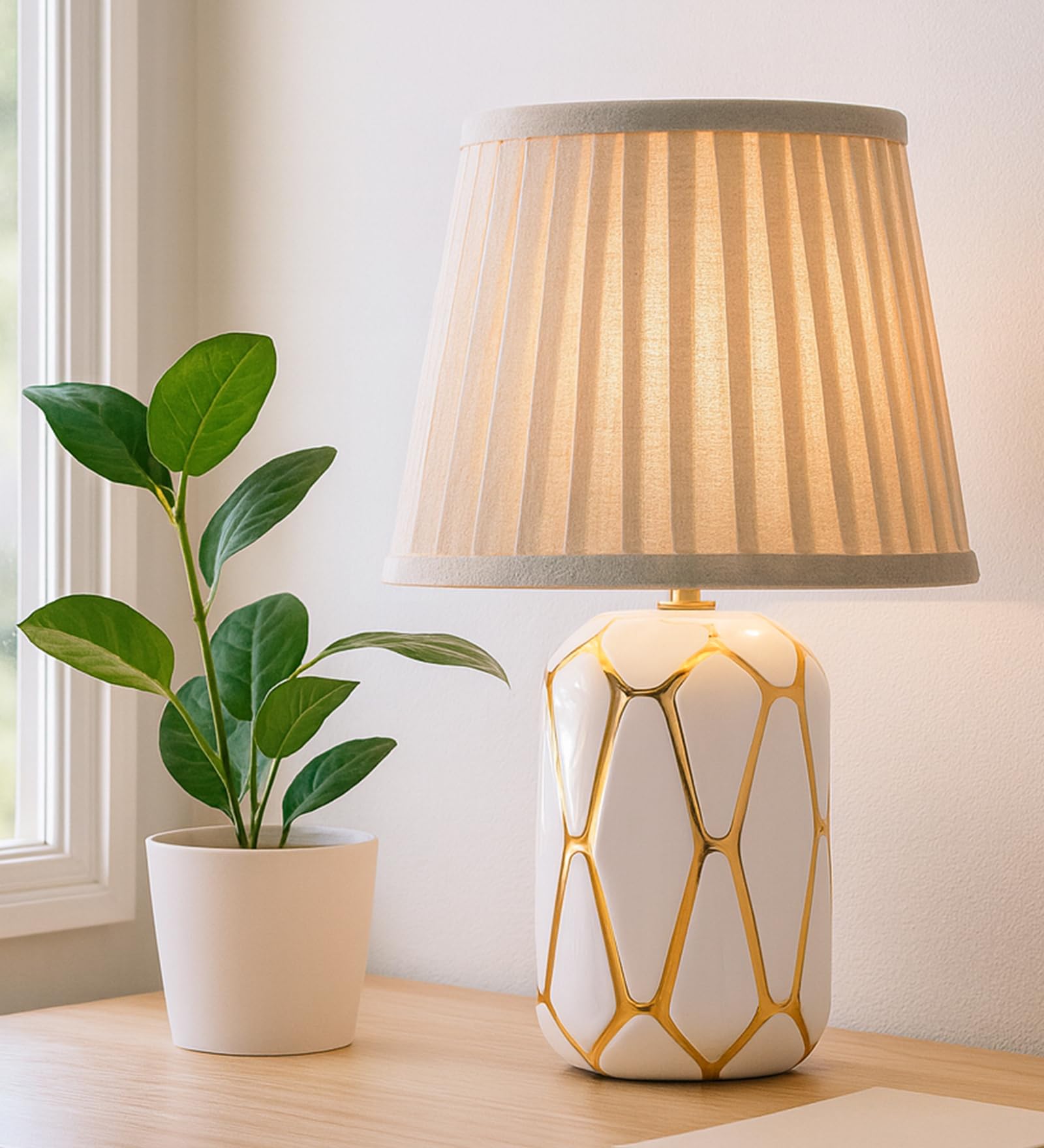Homesake® Modern Ceramic Base Bedside Table Lamp, Table Lamps for Home Decoration and Bedroom Decor with On/Off Button, Night Lamp with Cotton Fabric Shade, Black Gold Hive, Khadi Frill-image-14
