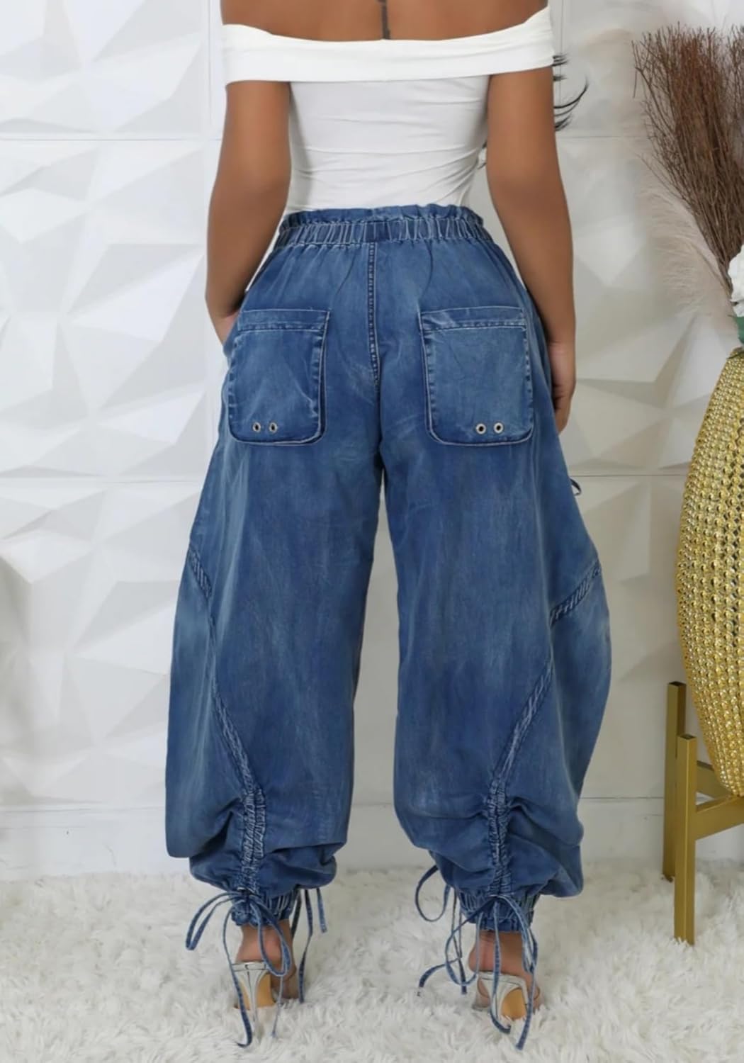 Unybwonn Women Baggy Barrel Jeans High Waisted Y2k Drawstring Bow Tie Cargo Jean Retro Wide Leg Ankle Denim Joggers - Image 4