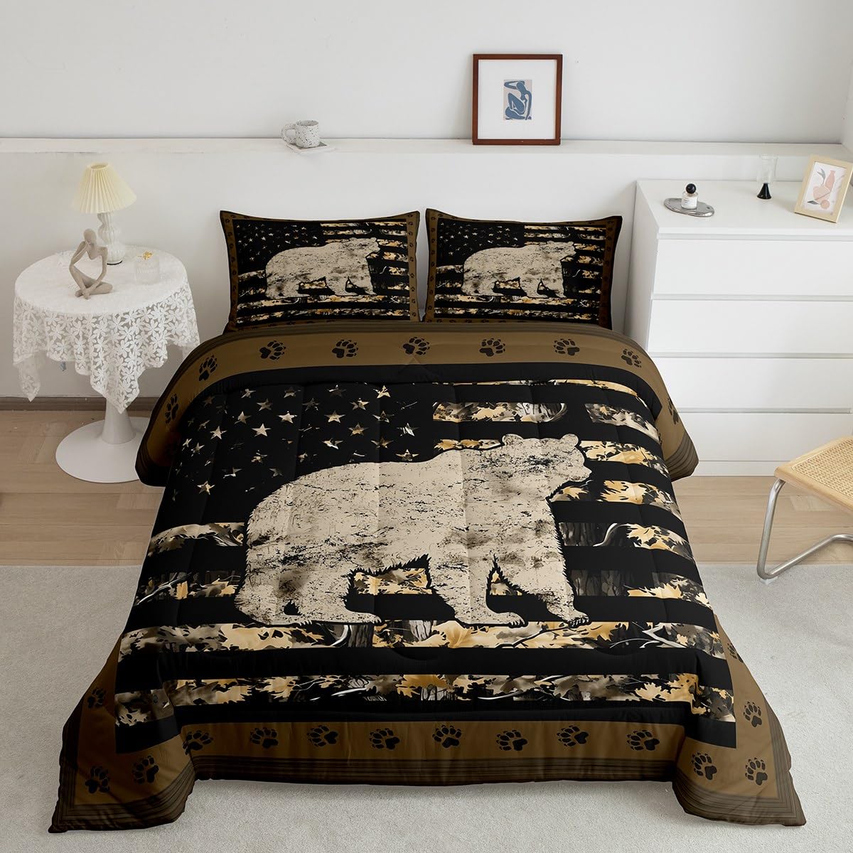 Feelyou Gray Bear Bedding Set Wild Animal Comforter Set for Kids Boys Girls Camo Tree Branches Comforter American Flag Quilt Set with 2 Pillowcases