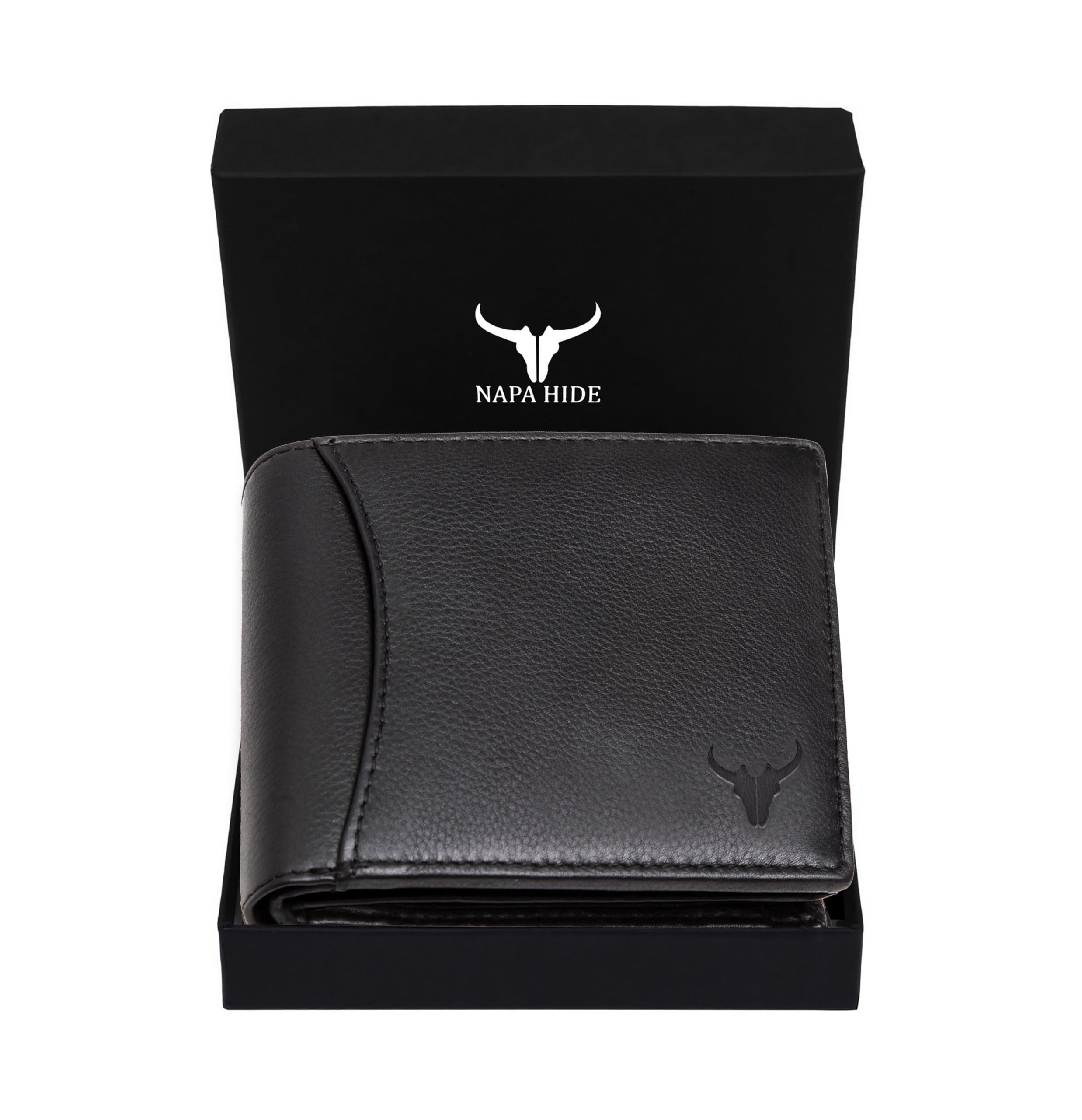 NAPA HIDE Black Leather Wallet for Men I 2 Secret Compartments I 6 Credit/Debit Card Slots I 2 Currency Compartments I 3 Transparent ID Windows I 1 Coin & Zip Pocket