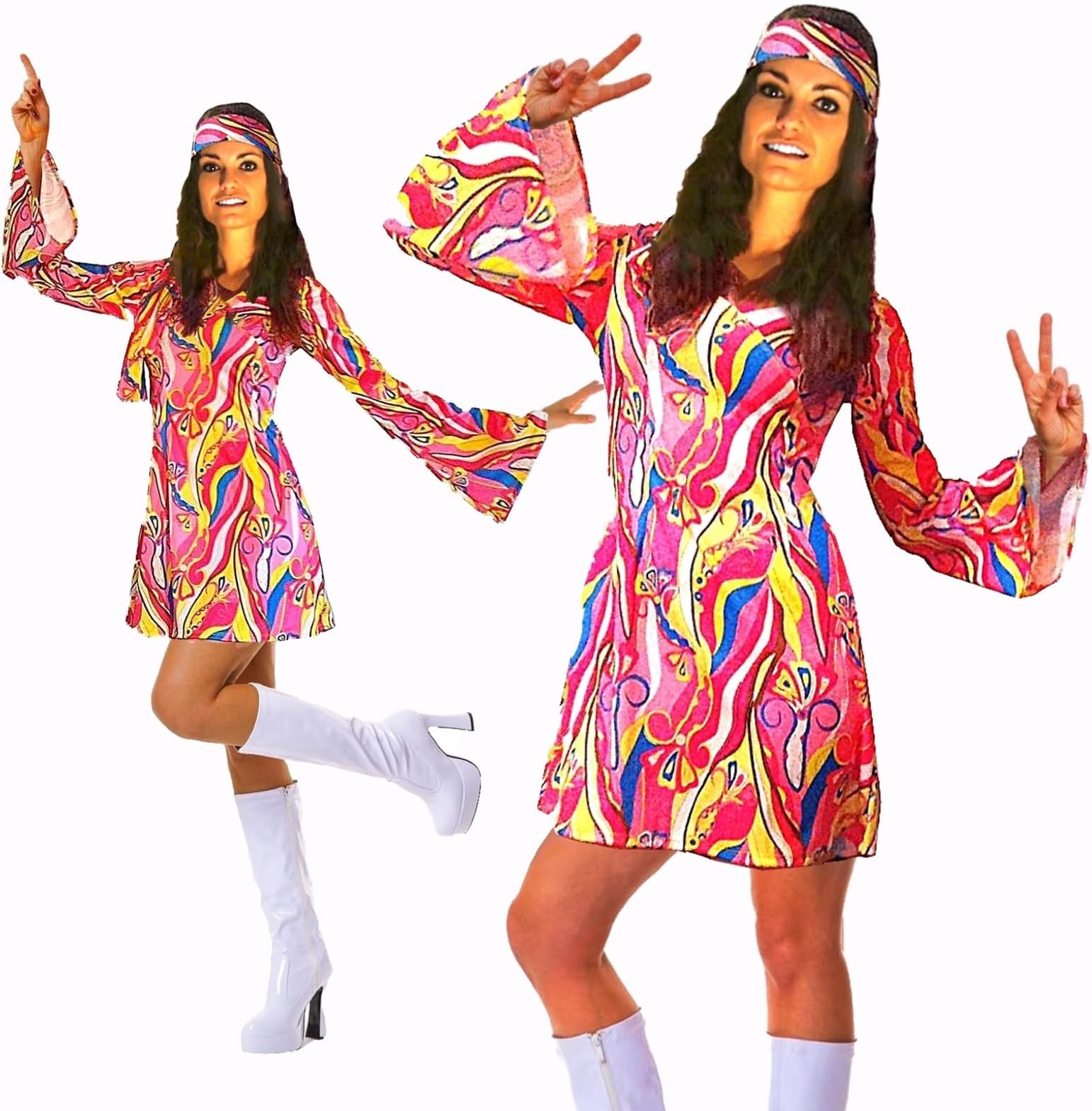 Women's 60s 70s Flower Power Hippy Costume – Retro Gogo Dress & Matching Headband | 1960s Groovy Fancy Dress for Women | 1970s Hippie Dress Up Outfits