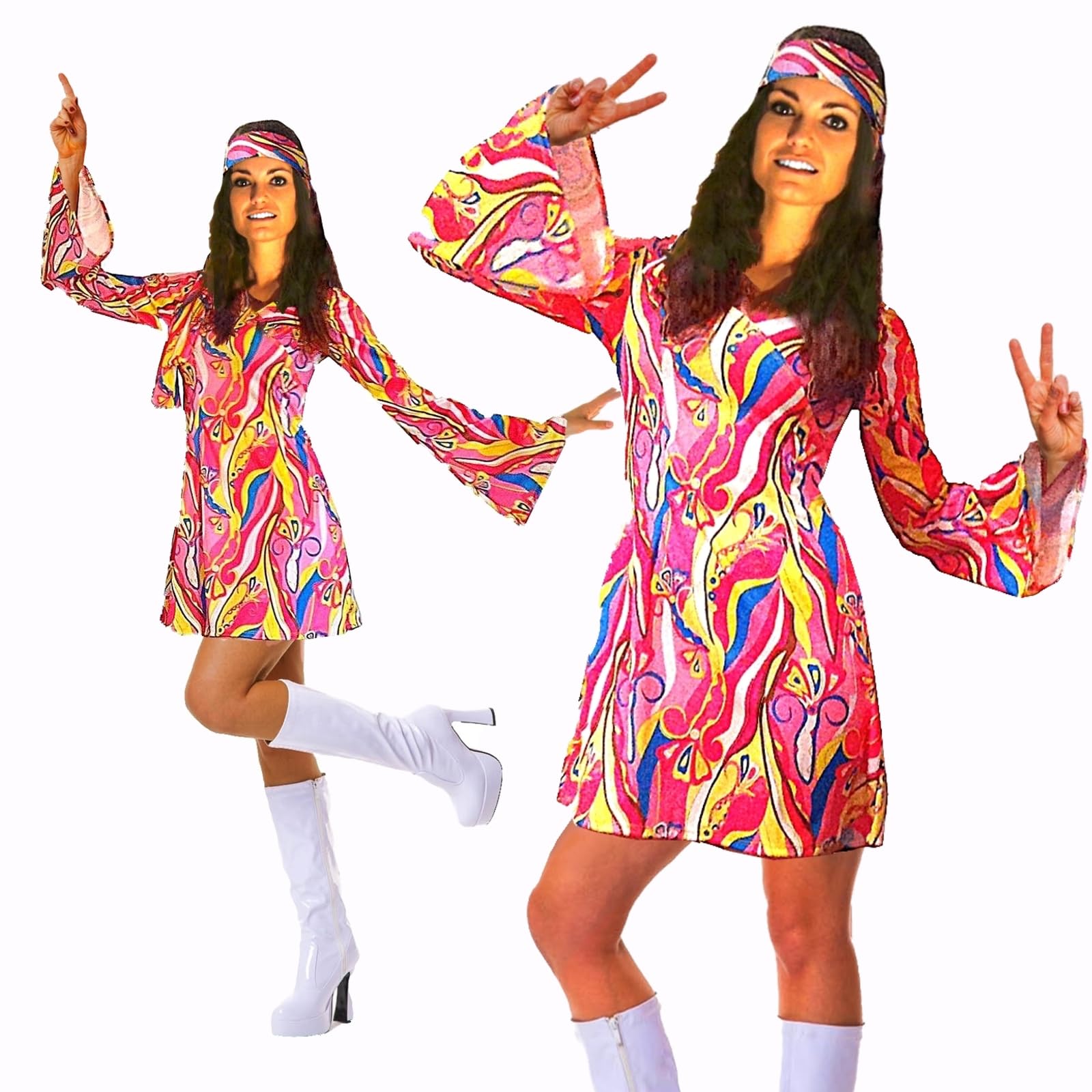 Women's 60s 70s Flower Power Hippy Costume – Retro Gogo Dress & Matching Headband | 1960s Groovy Fancy Dress for Women | 1970s Hippie Dress Up Outfits