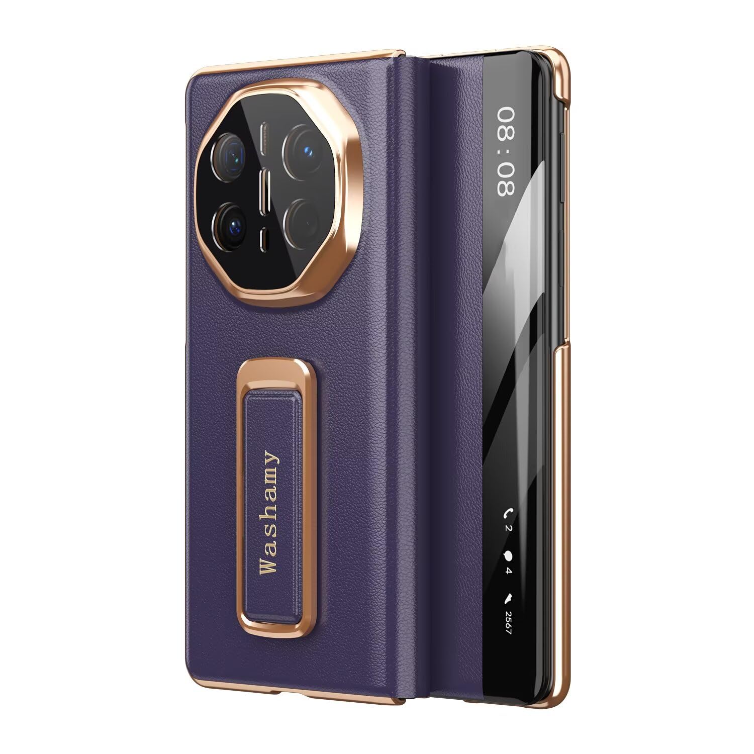 COQUE Inteligentne etui z klapką z prawdziwej skóry do Huawei Mate X6 z obrotowym paskiem na nadgarstek i stojakiem pod wieloma kątami do Huawei Mate X6-fioletowy