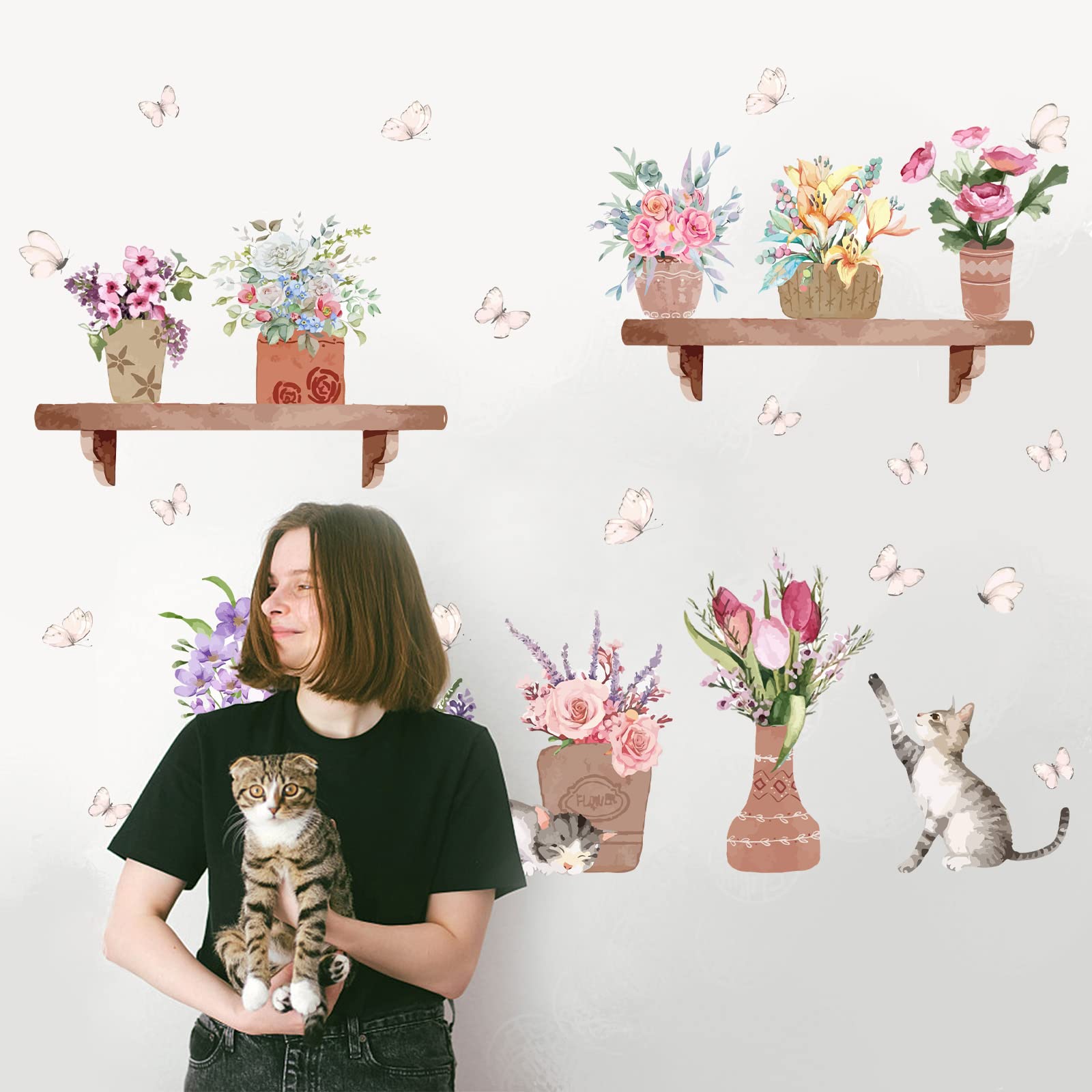 SUPERDANT Adesivo da Parete Piante in Vaso Fiore Adesivi Muro Gatto Farfalla Rimovibile Home Adesivo Muro Decorativo Fai da Te Arte Murale per La Decorazione della Parete della Camera da Letto