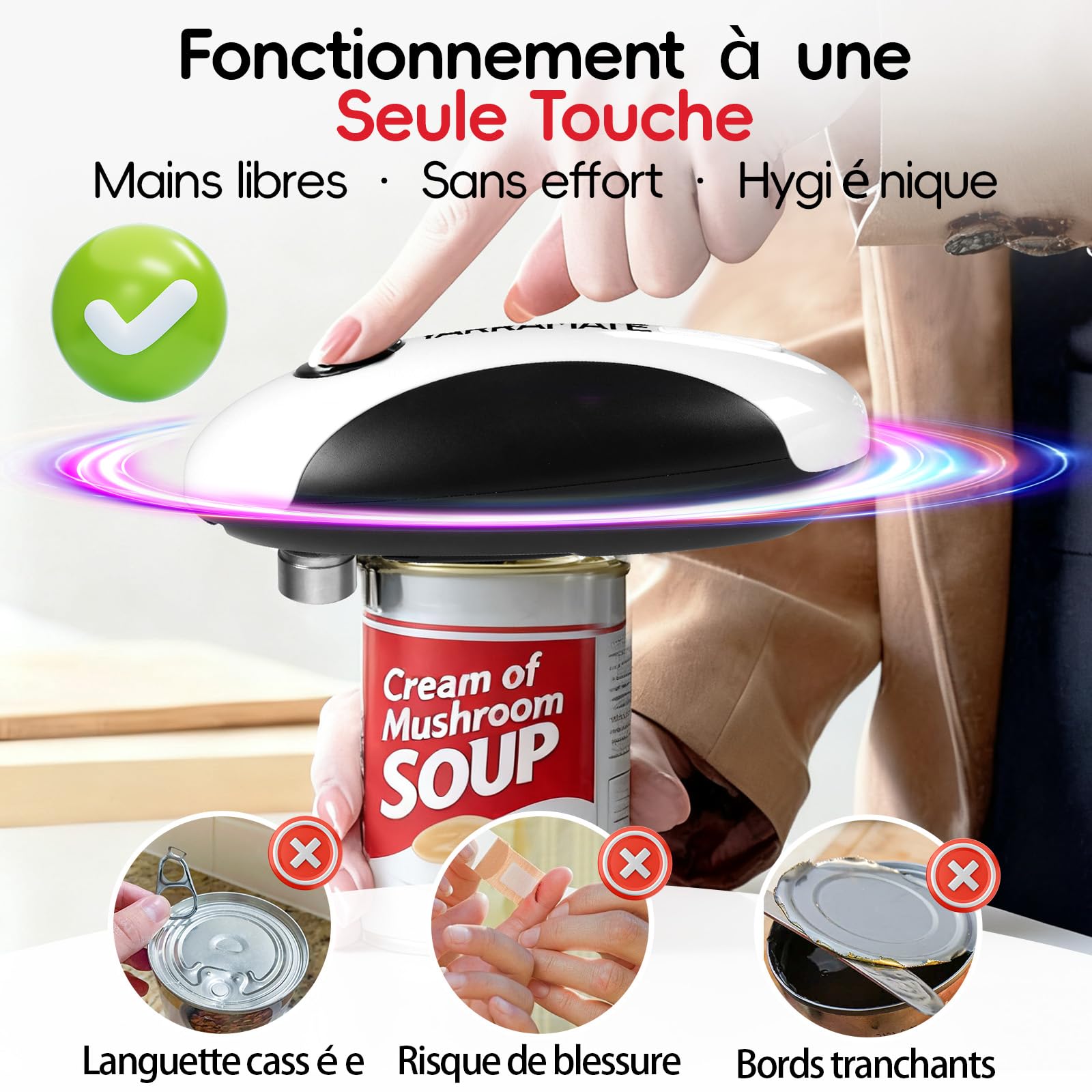 YARRAMATE Ouvre Boite Electrique Rechargeable – Ouvre-boite de Conserve Automatique à Une Touche, Bord Lisse, Mains Libres pour Seniors, avec Sac de Rangement, Portable Voyage Camping Cadeau