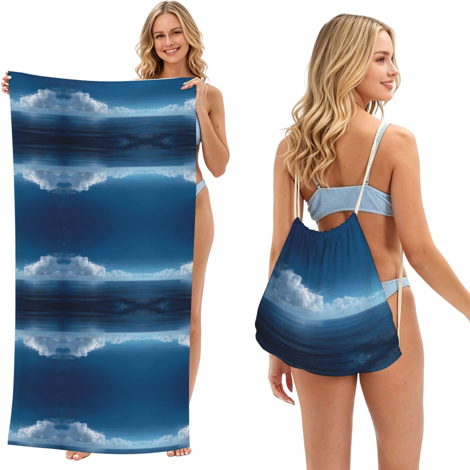 Serviette de plage légère 2 en 1 grand format imprimé bleu océan multifonction