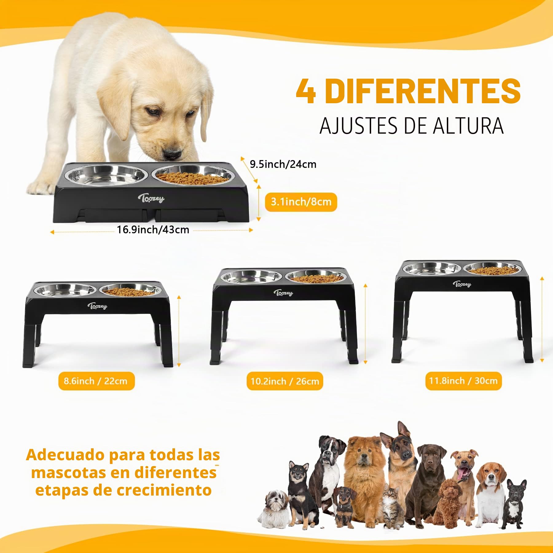 Toozey Comedero Elevado Perro con Tazones de Acero Inoxidable Dobles de 1,2 L de 4 Altura Ajustable para Alimentador de Agua y Comida para Mascotas y Gatos, Negro
