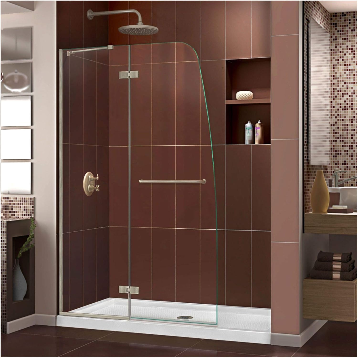 DreamLine Aqua Ultra 36 in. D x 48 in. W x 74 3/4 in. H Frameless Shower Door in Brushed Nickel and Center Drain White Base Kit, DL-6524C-04CL