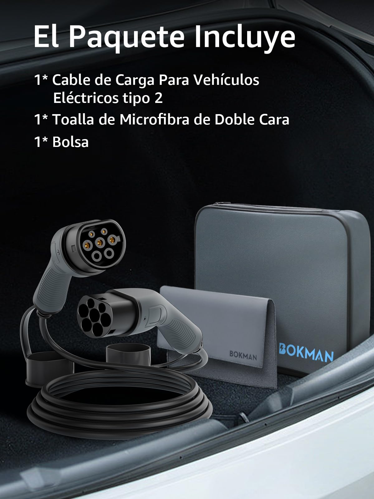 bokman EV Cable de Carga Tipo 2, Modo 3 / 32A / 22kW / Trifásico / 5 Metros, Cable de Carga Rápida Híbrido Enchufable para Vehículo Eléctrico Tipo 2 a Tipo 2