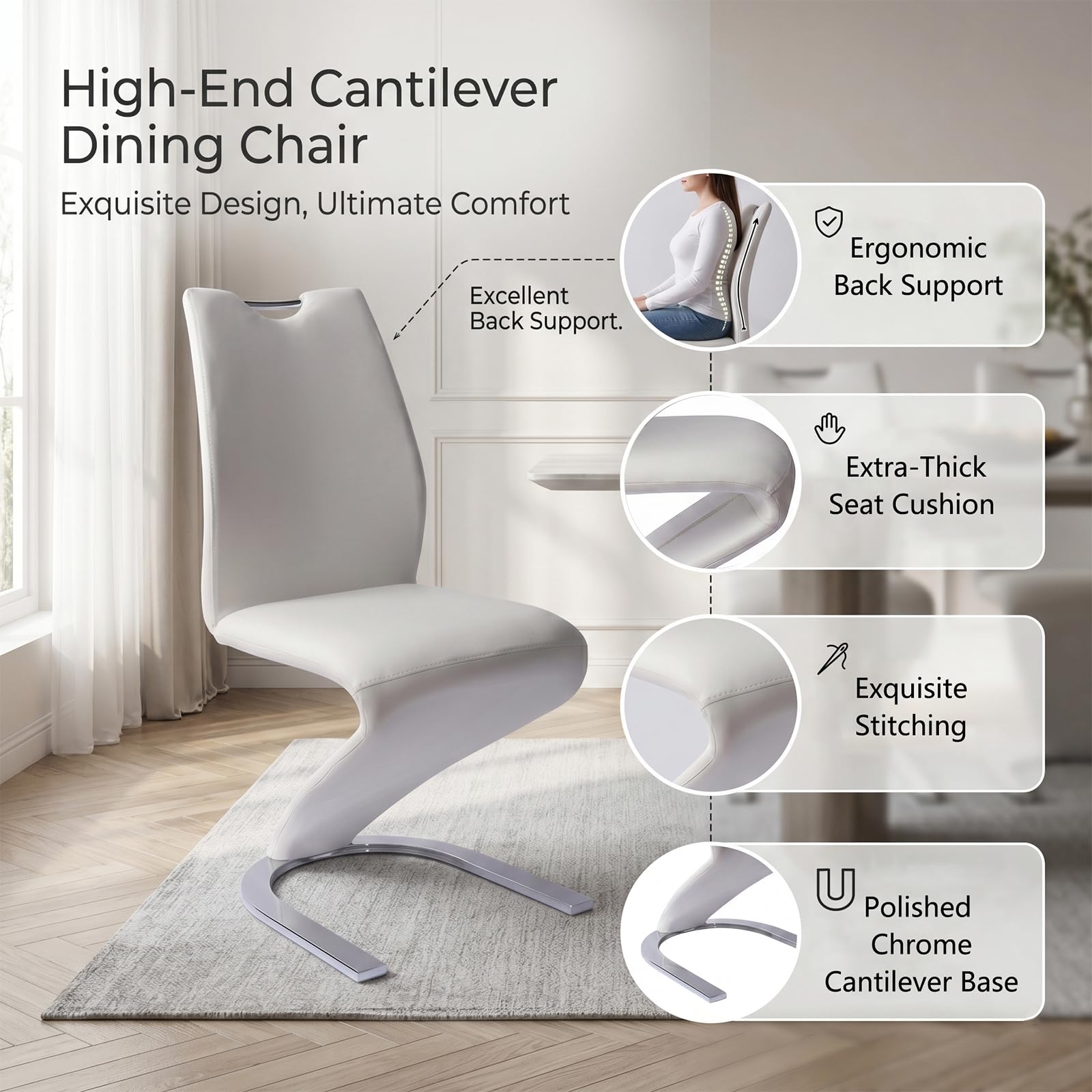JIEXI Erweiterbarer Esstisch 7er Set, 140-180 cm Hochglanz Weiß Küchentisch mit 6 Weißen Z-förmigen Freischwingerstühlen, Moderner Säulentisch für das Wohnzimmer oder das Esszimmer Set