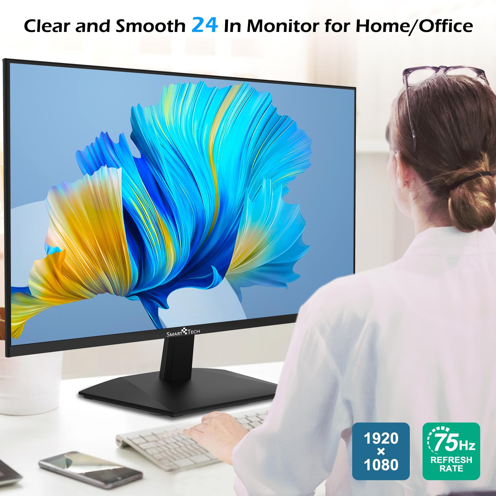 Smart Tech Monitor 24 Zoll, Business PC Bildschirm mit Lautsprecher, IPS Panel, FHD Monitor 1080p, Adaptive-Sync, 4ms, Eye Comfort, VESA 75x75, USB-C HDMI1.4 VGA