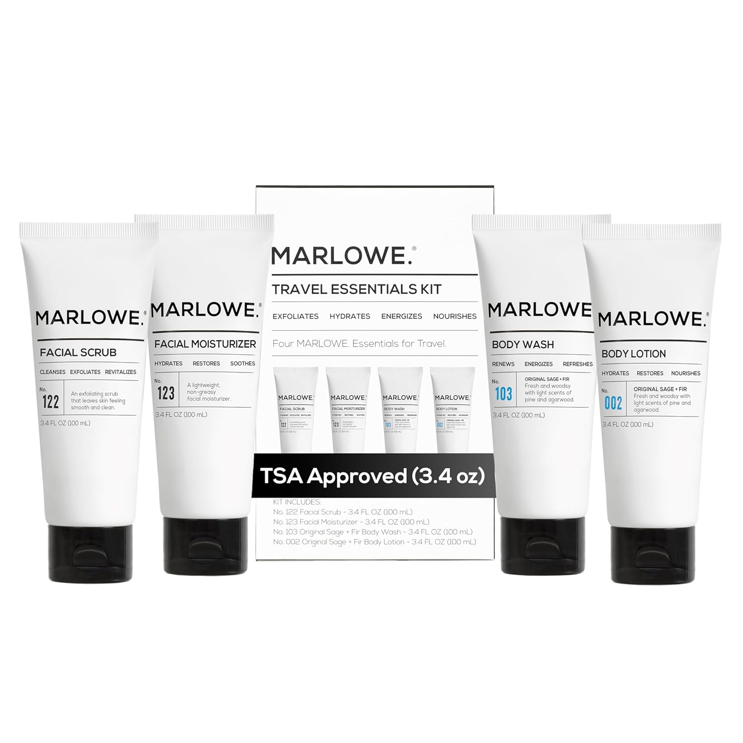 MARLOWE. Travel Essentials Kit, No. 103 Body Wash, No. 002 Body Lotion, No. 122 Facial Scrub & No. 123 Facial Moisturizer, Hydrating, Exfoliating & Nourishing Skin Care Set for All Skin Types