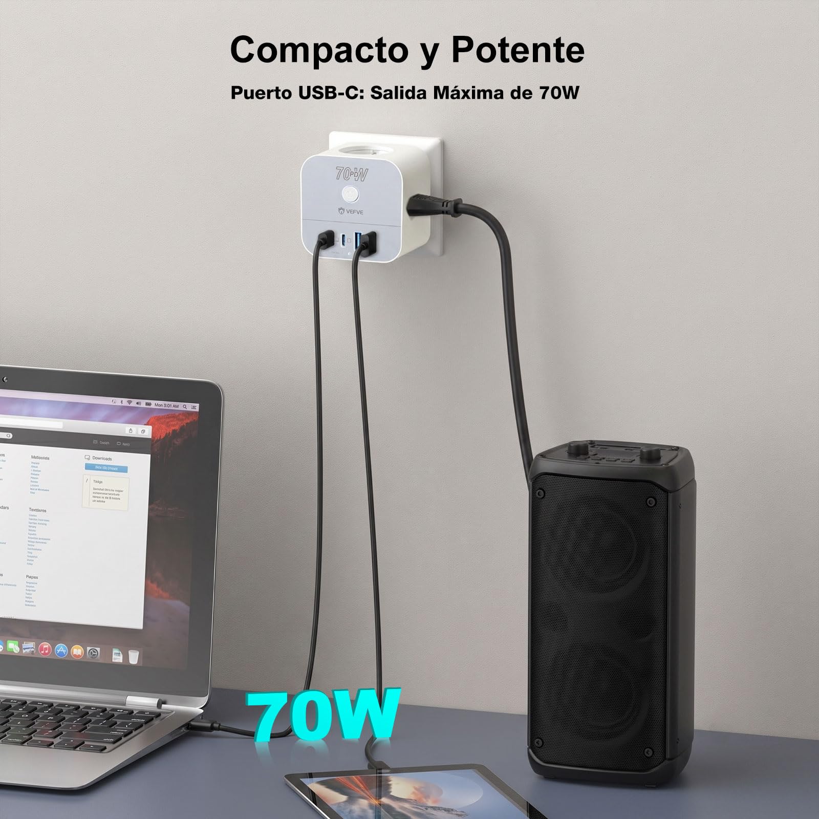 VEFVE Ladrón Enchufes Pared 70W GAN, Cubo Enchufe Múltiple 7 en 1 Sin Cable con Interruptor, Cargador Rápido USB C para iPhone 17, MacBook, Galaxy, Blanco