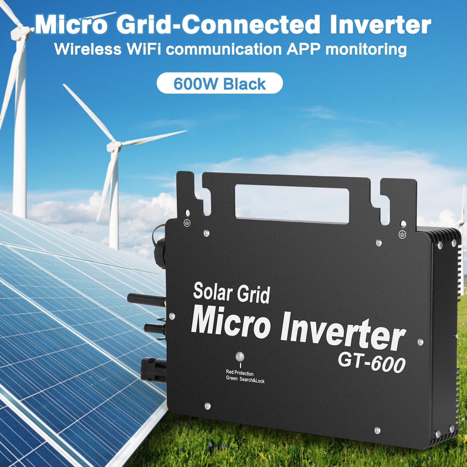 DeWin Onduleur Solaire, Micro Onduleur Solaire 600W Grid Tie Inverter MPPT Onduleur Solaire Étanche Onduleur de Grille Solaire avec Application de Communication WiFi Surveillance AC220V