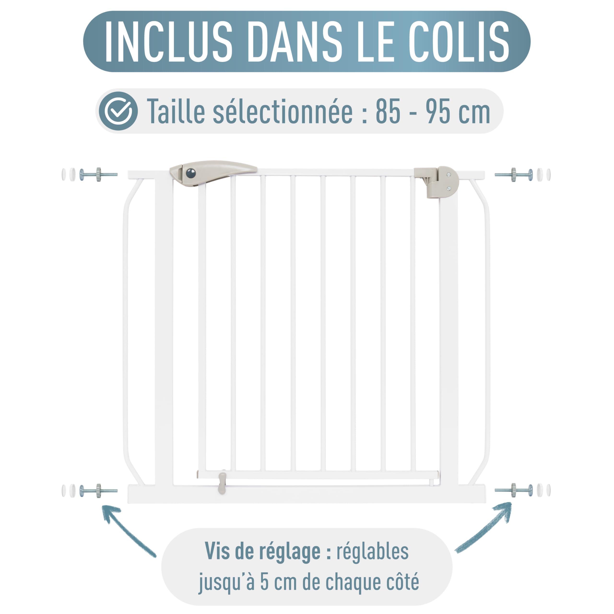 IB STYLE Barrière de Sécurité Berrin 58-185 - Barrière d'escalier, sans Perçage, Fixation par Pression, pour Enfants 6 a 24 Mois, Blanc Gris, 85-95 cm