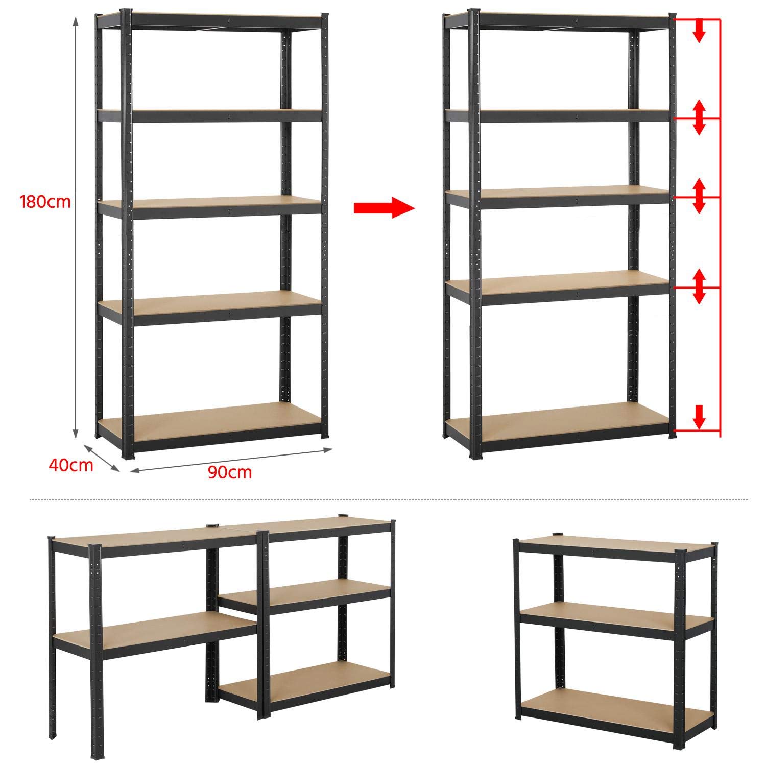 Yaheetech Scaffale/Scaffalattura Metallo da Garage 180 x 90 x 40 cm a 5 Ripiani Portata 175 kg per Ripiano in Acciaio Mensola da Cucina Magazzino Negozio Salvaspazio Nero