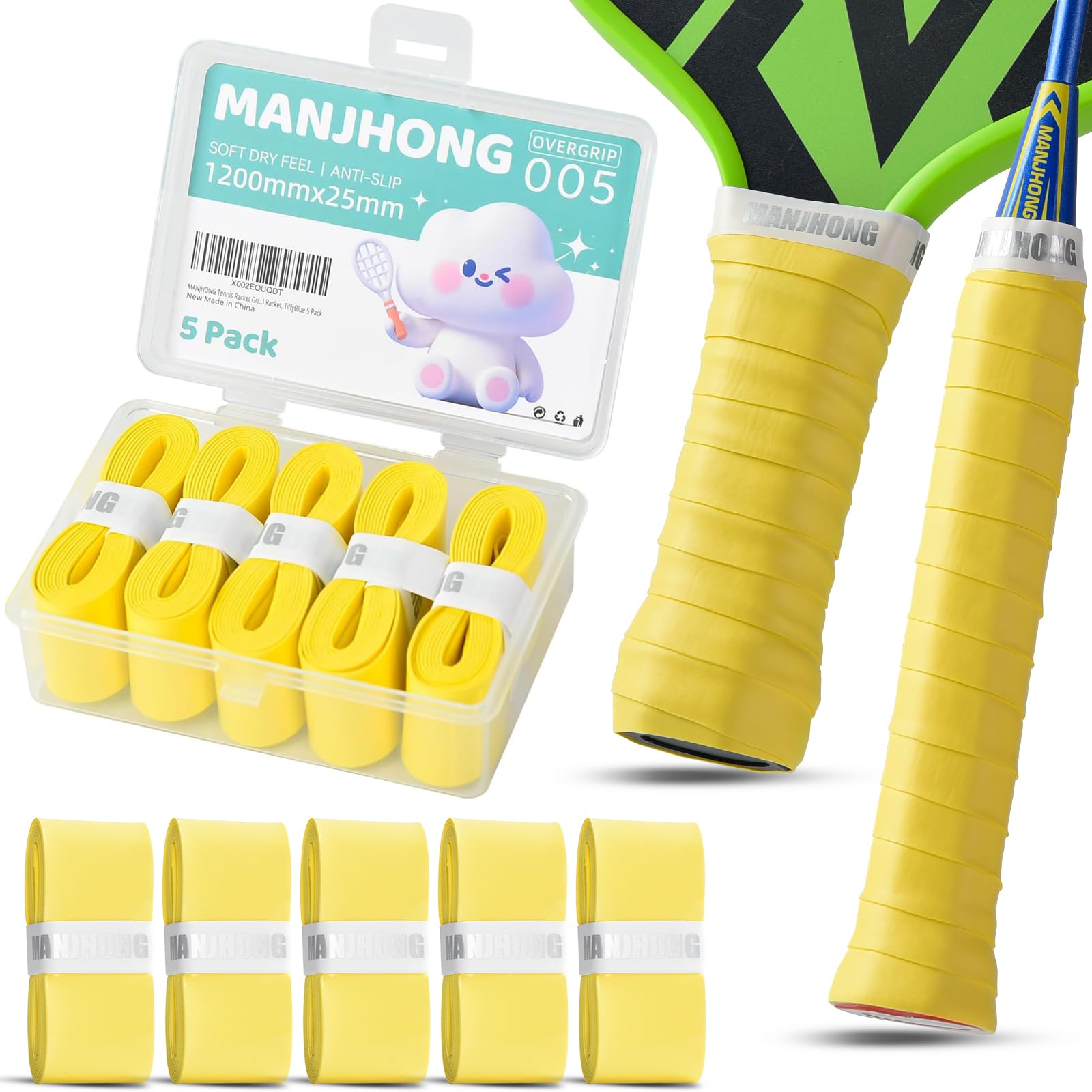 MANJHONG Badminton Racket Grip Tape with Storage Box - Tennis Overgrip - Soft & Non-Slip Handle Tape for Padel, Squash Racquet, Yellow 5 Pack