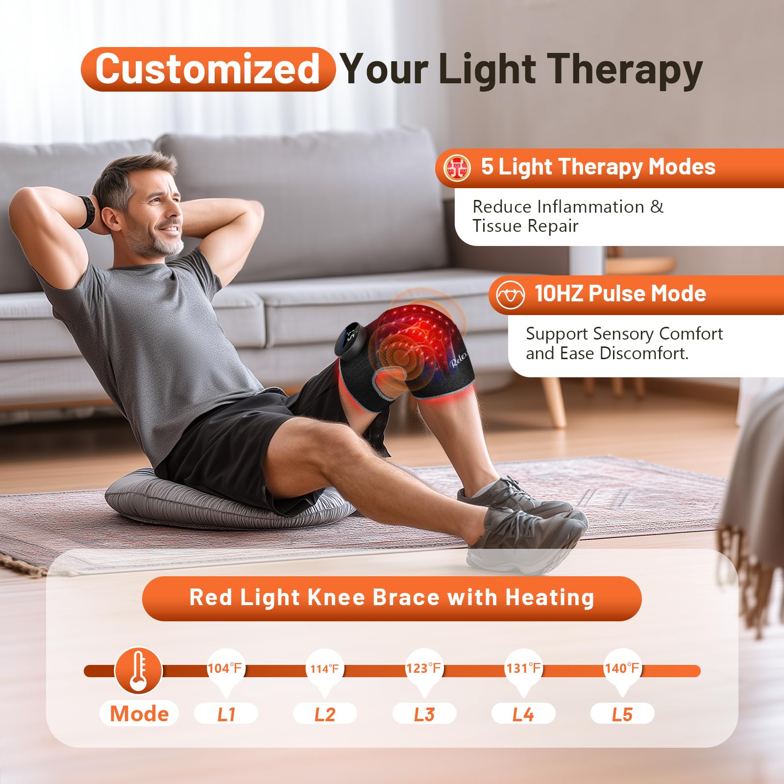 RELEXNOW Terapia de luz roja para rodilla, masajeador de rodilla con 5 calor y 3 vibraciones, 660 nm 850 nm infrarrojo cercano, rodillera térmica inalámbrica para articulación de rodilla