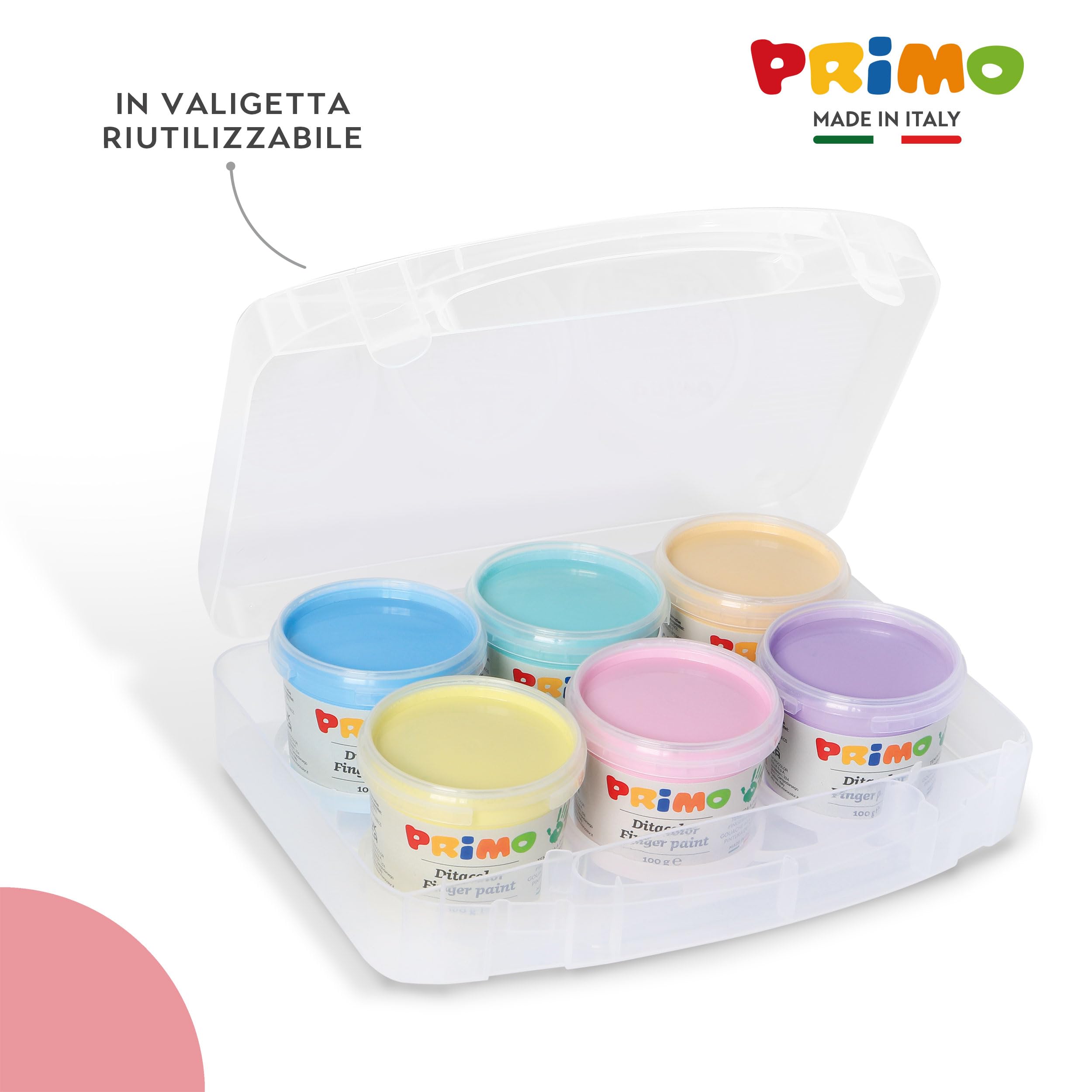 PRIMO - Valigetta Colori per Bambini +2 Anni Prima Infanzia, Tempere per Dipingere a Dita 100g 6 Colori Pastello per Carta Vetro, Tempera per Cartoleria e Lavoretti Creativi Dermatologicamente Testata