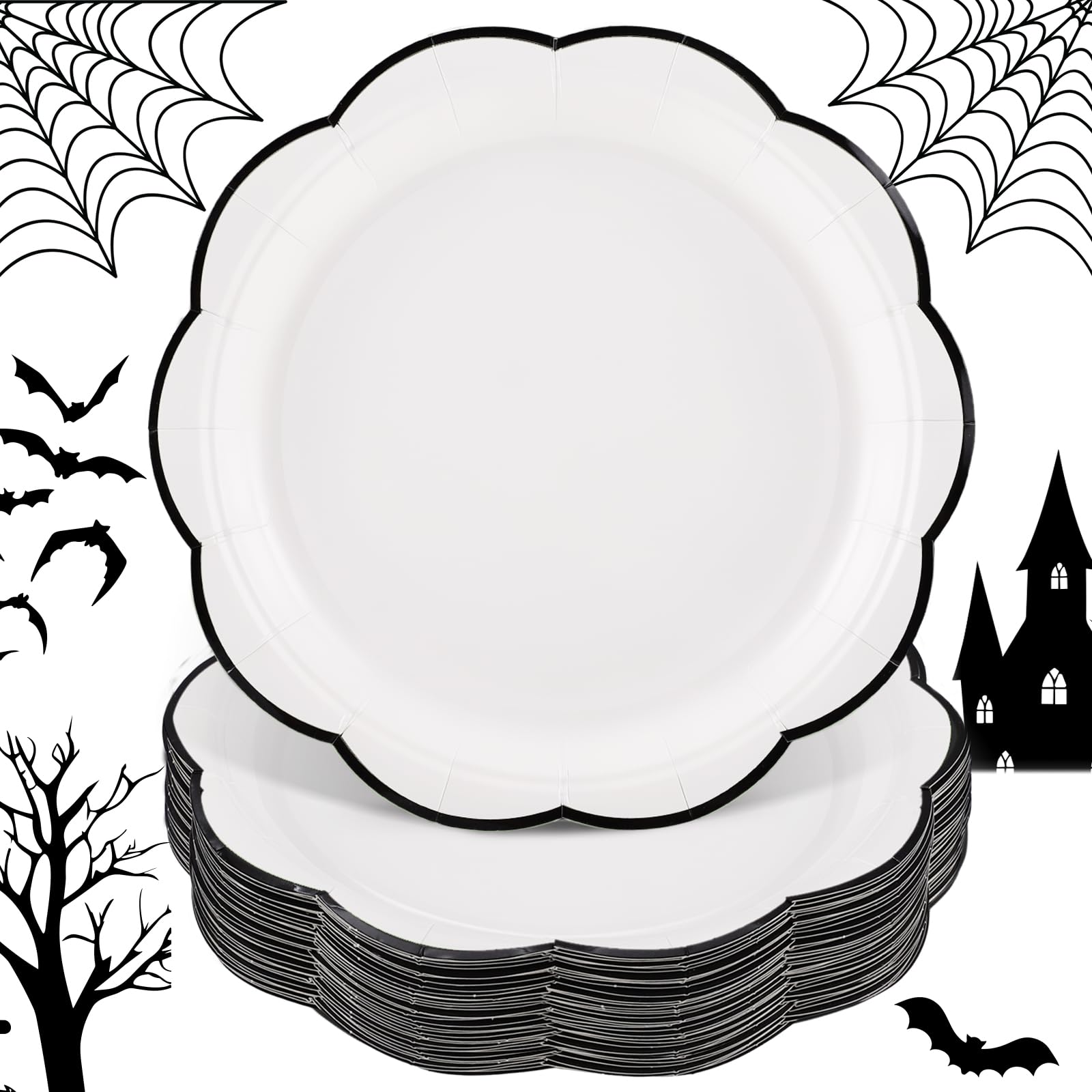30 Pcs Halloween Plates Disposable 9 Inch Black and White Paper Plate