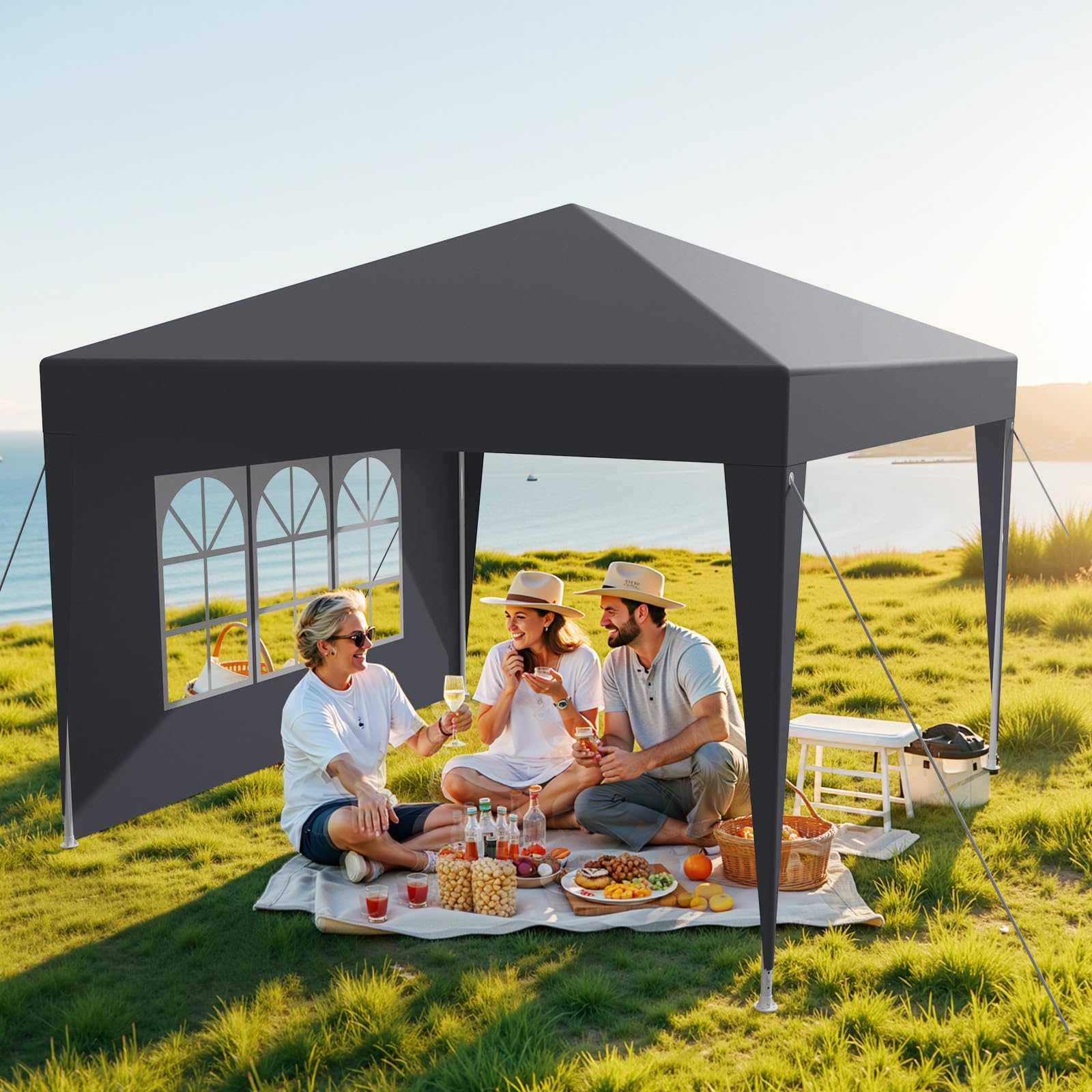 Tonnelle de Jardin 3x3, Pergola PE Imperméable avec 4 Parois Latérales, UV 50+, Tente de Fête, Auvent en Acier, Anthracite