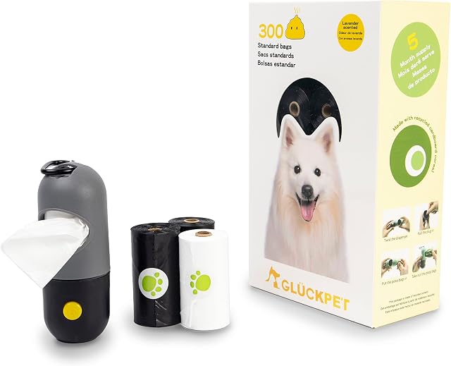 GLÜCKPET Dog Poop Bags, 300-Pack, 150 Black Odorless and 150 White Scented, Biodegradable, with Black and Grey Holder
