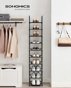 SONGMICS 10-layer shoe rack, shoe stand, space-saving shoe storage, 33 x 33 x 173 cm, metal frame, non-woven fabric shelves, hallway, bedroom, black LSR110B02