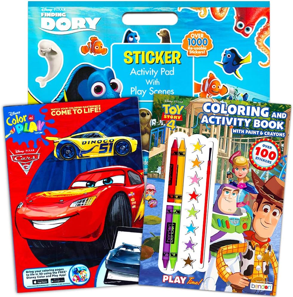 Disney Paint with Water and Coloring Book Set for Kids with Stickers ~ 3 Deluxe Books Featuring Toy Story, Disney Cars, Finding Nemo and More