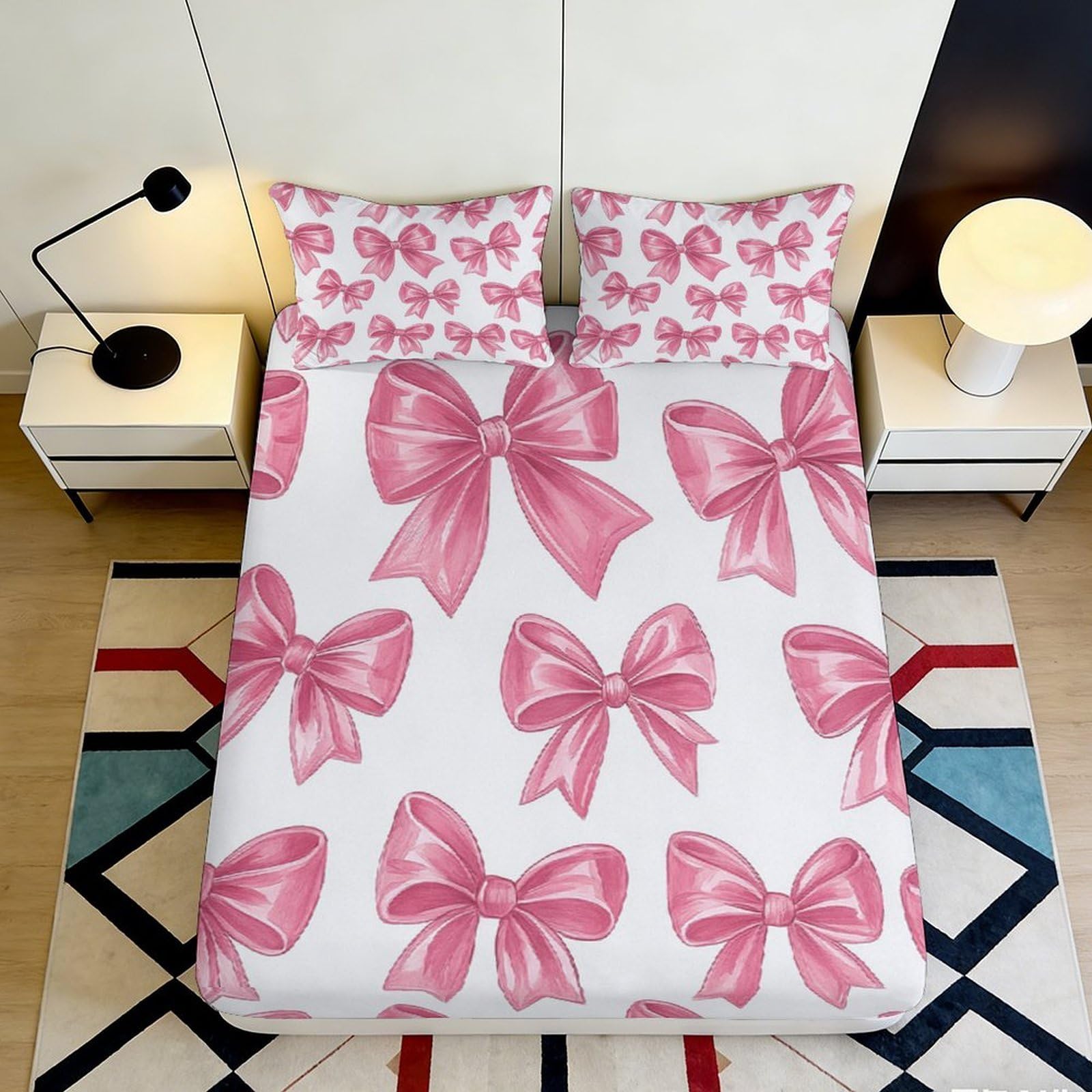 Pnayamiorkfel Style-1 3D Printed Pink Bow Fitted Sheet Microfiber Soft Bedroom Decor Ribbon Pattern Mattress Cover For Home Guest Room 90X200x25cm
