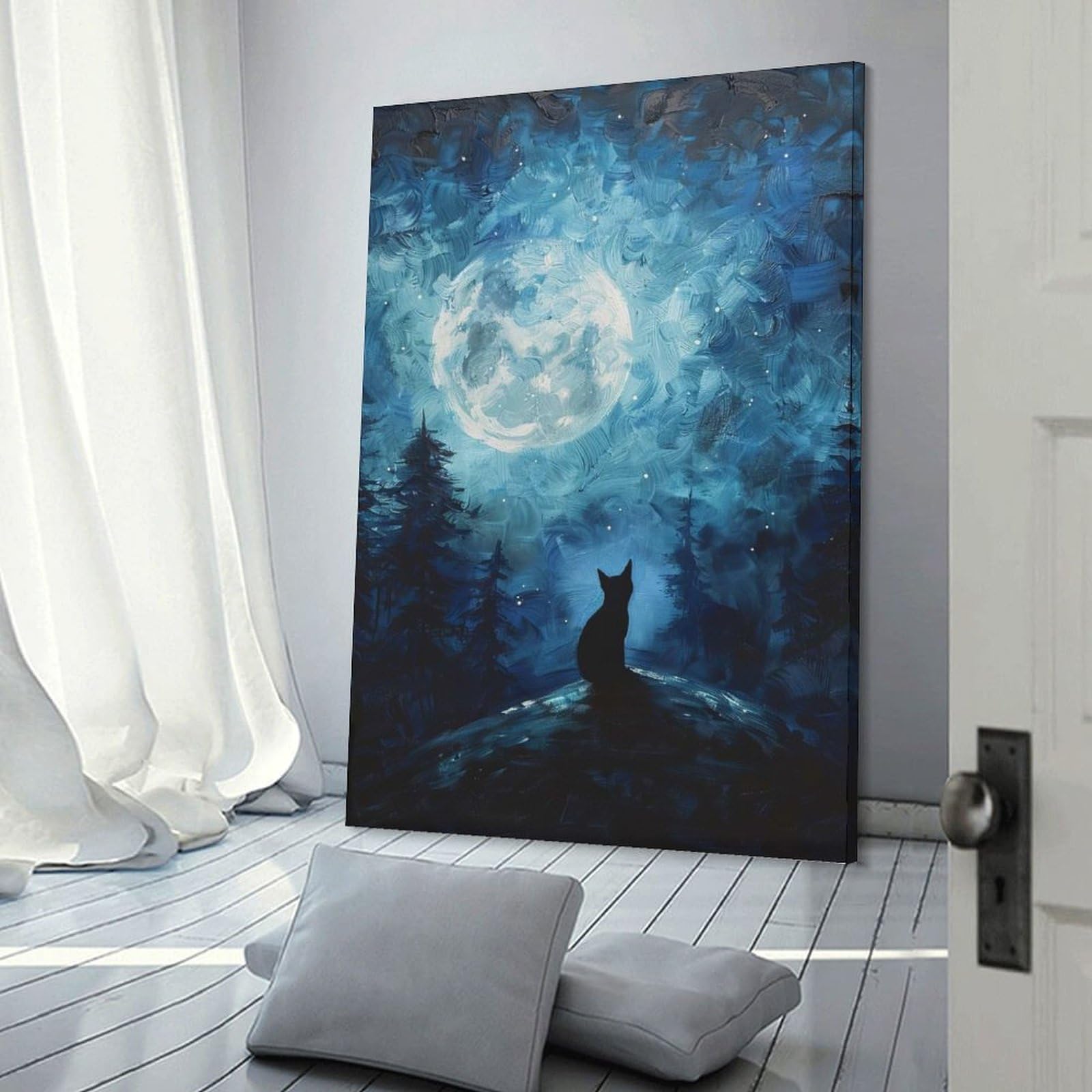 Junmoney Frame-Style-20 Decorative Wall Artwork Black Cat Under Full Moon, 16X24inch(40X60cm), For New Homes, Bedrooms Or Workspaces, Canvas Artwork With Gifting Potential