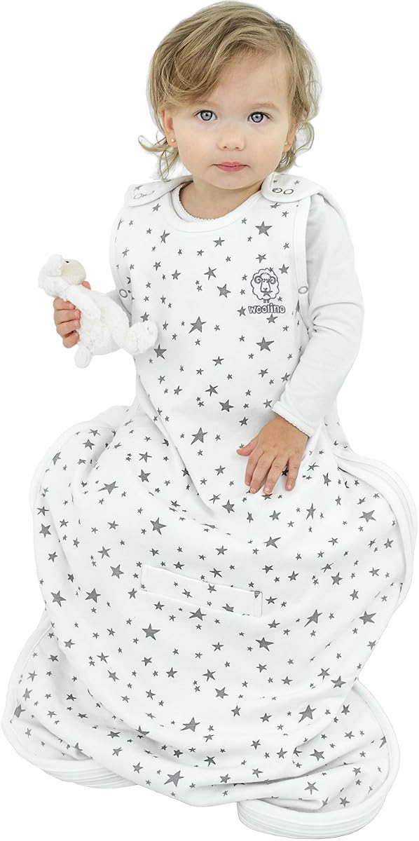 Woolino 4 Season Ultimate Saco de Dormir para Bebé - Lana Merino y Algodón Orgánico - Saco de Dormir Ajustable de Tamaño Universal para Bebé - Saco de Dormir con Cremallera Bidireccional (2-24 Meses) - Estrellas Blancas