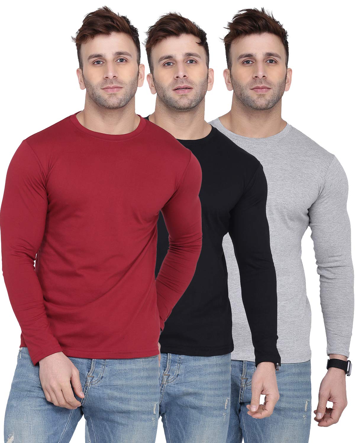 Solid Men Full Sleeve Round Neck Multicolor T-Shirt (Pack of 3)-image-0