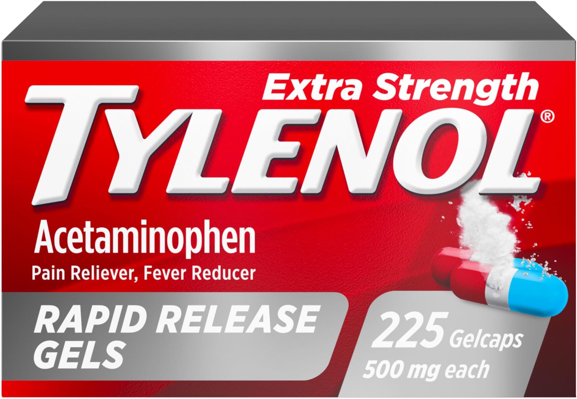 Tylenol Rapid Release Extra Strength Gelcaps, Acetaminophen 500 mg per Gel, Laser Drilled Holes Allow Fast, Strong Pain Relief, Fever Reducer, Gentle on Stomach, 225 Count Value Size