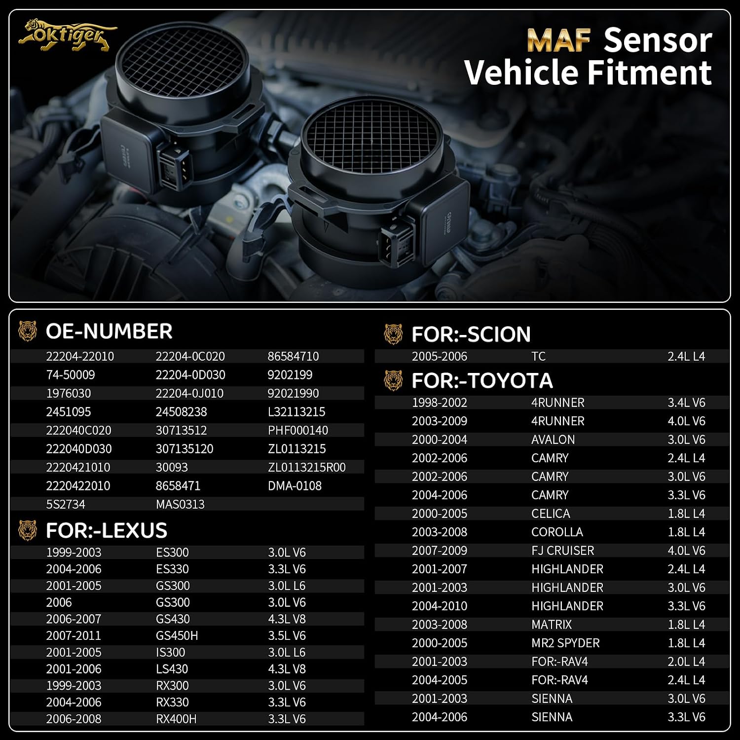 Oktiger Mass Air Flow Sensor MAF Meter Fit for Toyota Camry 2002-2006, Corolla 2003-2008, Highlander 2001-2010, 4Runner 1998-2009, Rav4 2001-2005, 1.5/1.8/2.0/2.4/3.3/3.4/3.5/4.0/4.3L OE#22204-22010
