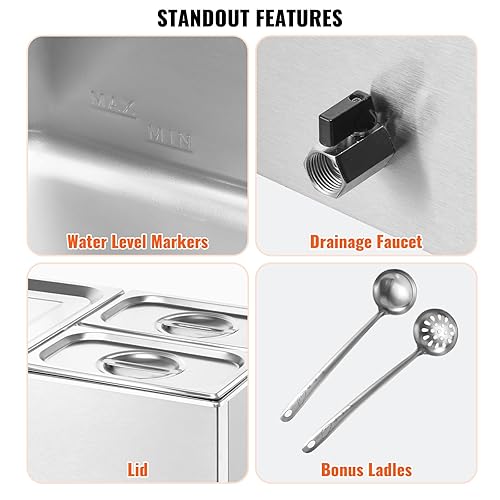 Miniatura 6 de VEVOR Calentador de alimentos comercial de 110 V, 3 bandejas de acero inoxidable Bain Marie de capacidad de 21 cuartos de galón, calentador de sopa