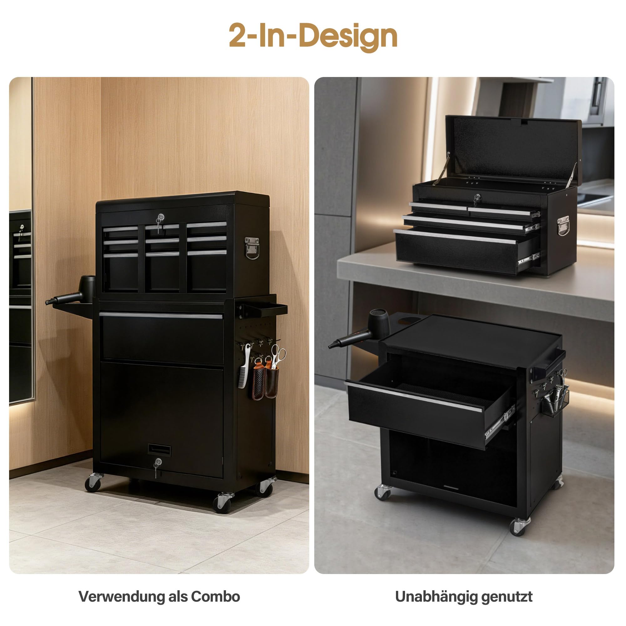 Chariot de Coiffure BarberPub 2 en 1 avec 5 tiroirs et Une Armoire, Chariot de Service avec 2 Supports pour sèche-Cheveux, Chariot de Travail de Coiffure verrouillable, 0097 (Noir-Argent)