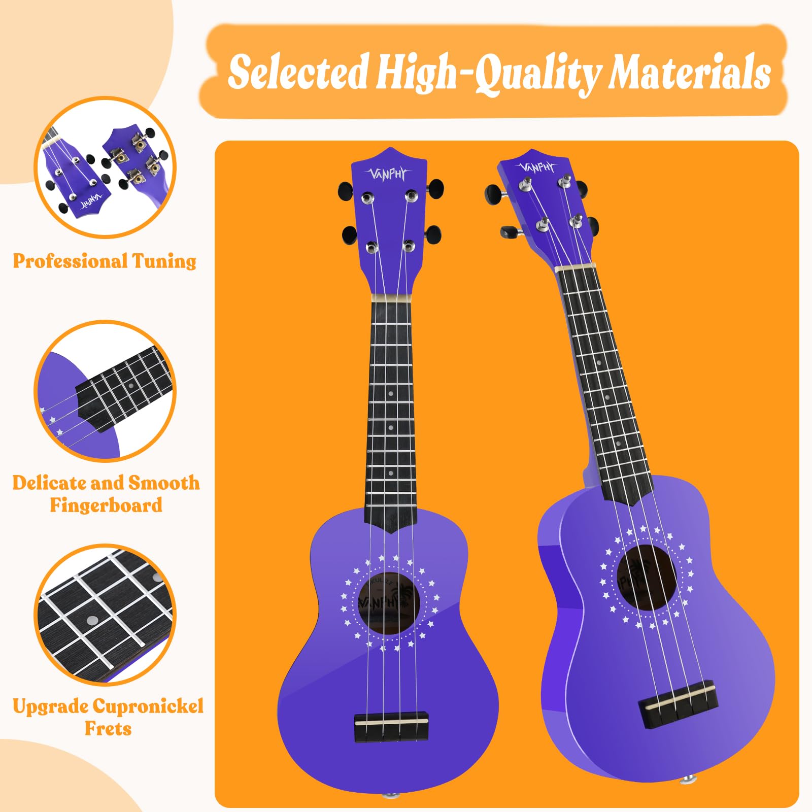 Sopran-Ukulele für Kinder, 53,3 cm, Ukulele mit Tasche, Gurt, Plektren, Songbook-Reinigungstuch, geeignet für Erwachsene und Anfänger (lila)