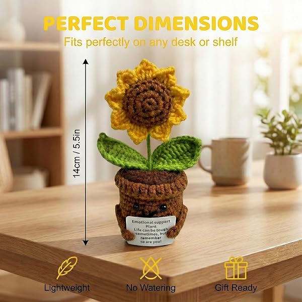 Positive Girasole Idea Regalo Compleanno- Creative Knitted Positive Girasole Doll- Gadget Scrivania Carino Portafortuna, Regali Originali per Laurea Collega Sorella Amica Ufficio - 2