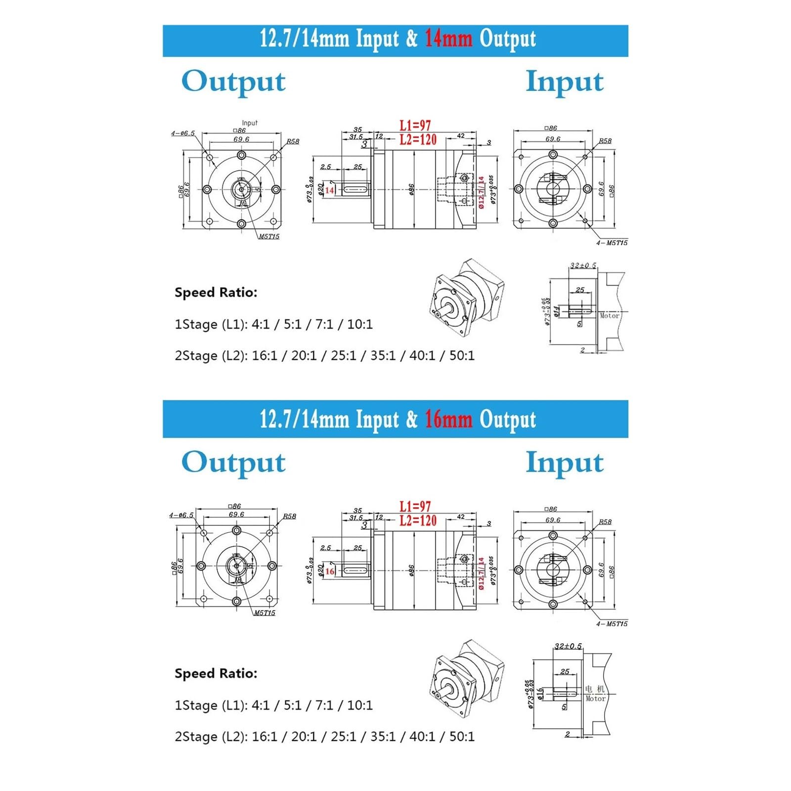 Moteur pas à pas, réducteur planétaire Nema34, rapport d'engrenage 5:1-50:1, entrée 12,7/14 mm, arbre de sortie 14/16 mm, moteur à engrenages(Ratio 20,12.7 Input 14Outpu)