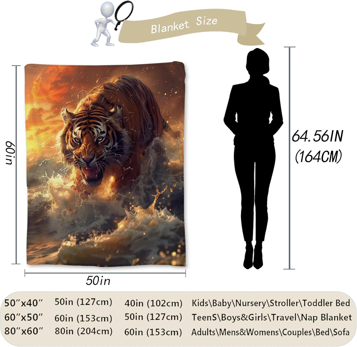 Majestic Tiger at Sunset Blanket, Soft Flannel Throw Blanket for Couch, Bed, Travel, Living Room & Home Decor, Lightweight Cozy Warm Fuzzy Blankets for Adults Women Men Kids 60×50 in
