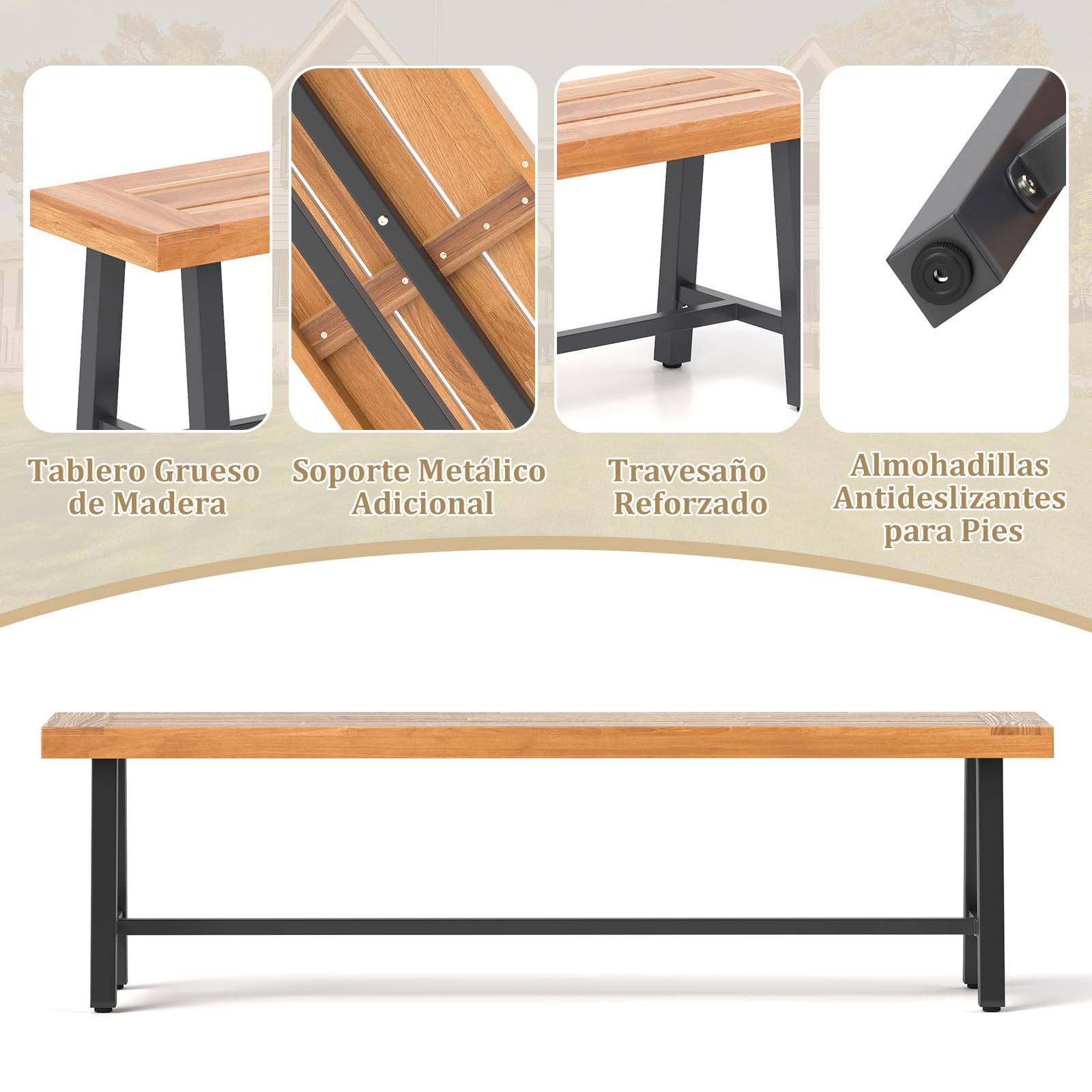 COSTWAY Banco Madera de Acacia 160cm, Banco Exterior de 3 Plazas sin Respaldo, Patas de Metal, Carga 360kg, Banco Jardin Terraza Exterior, Natural y Negro (1)