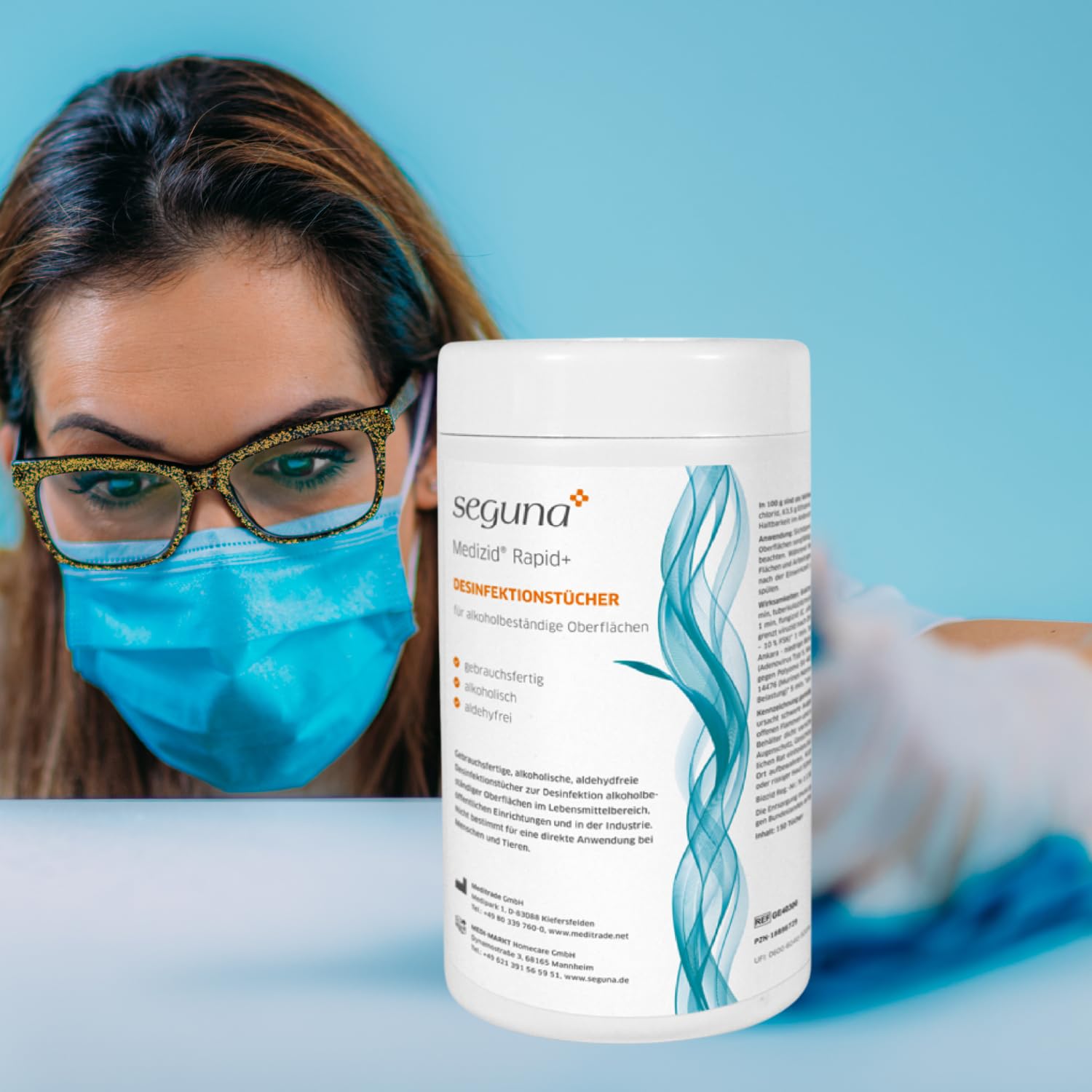 SEGUNA Desinfektionstücher-Set, 1 Dose + 1 Nachfüllbeutel mit je 150 gebrauchsfertigen Tüchern, Flächendesinfektionstücher
